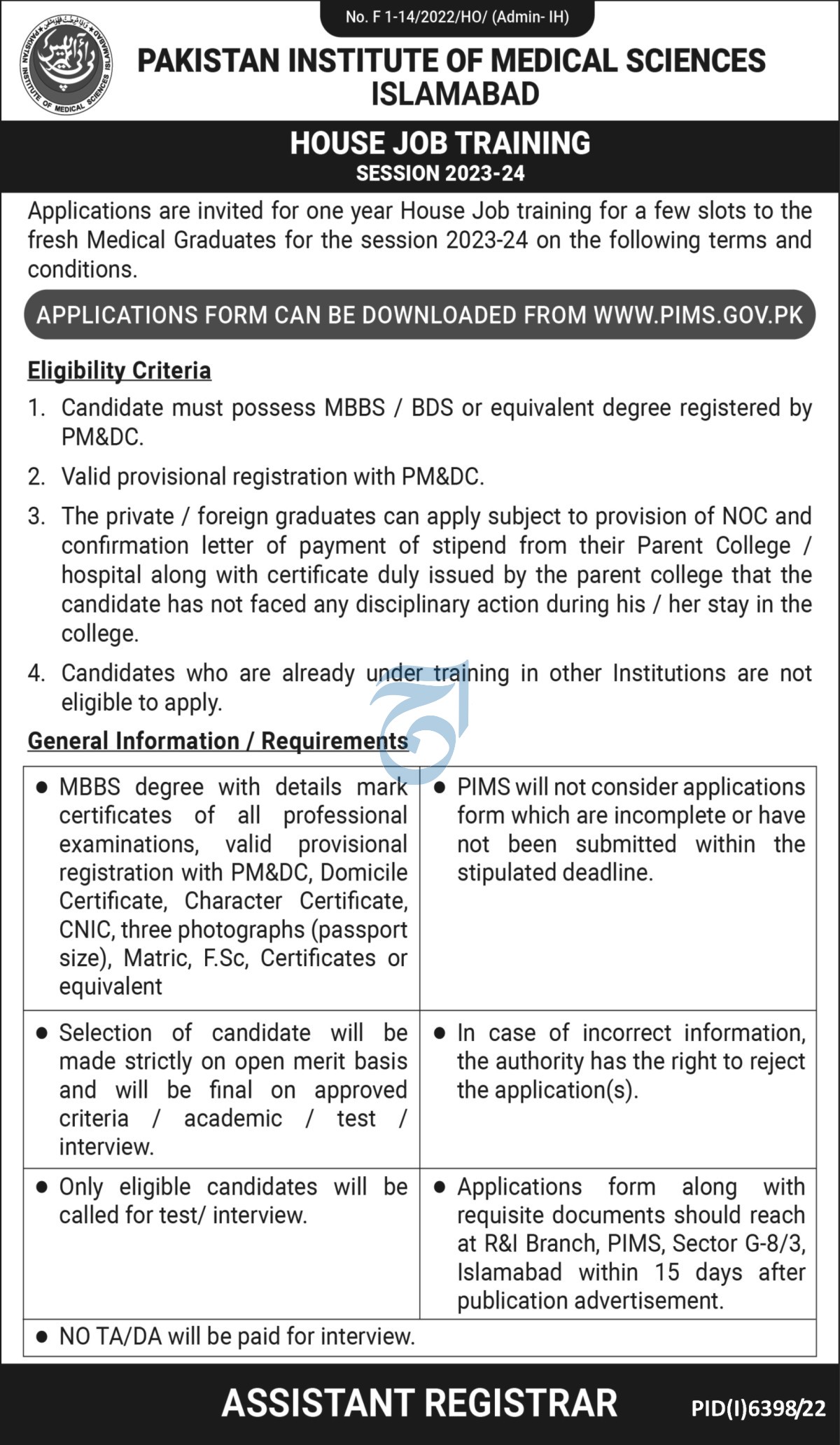 PAKISTAN INSTITUTE OF MEDICAL SCIENCES ISLAMABAD HOUSE JOB TRAINING SESSION 2023-24