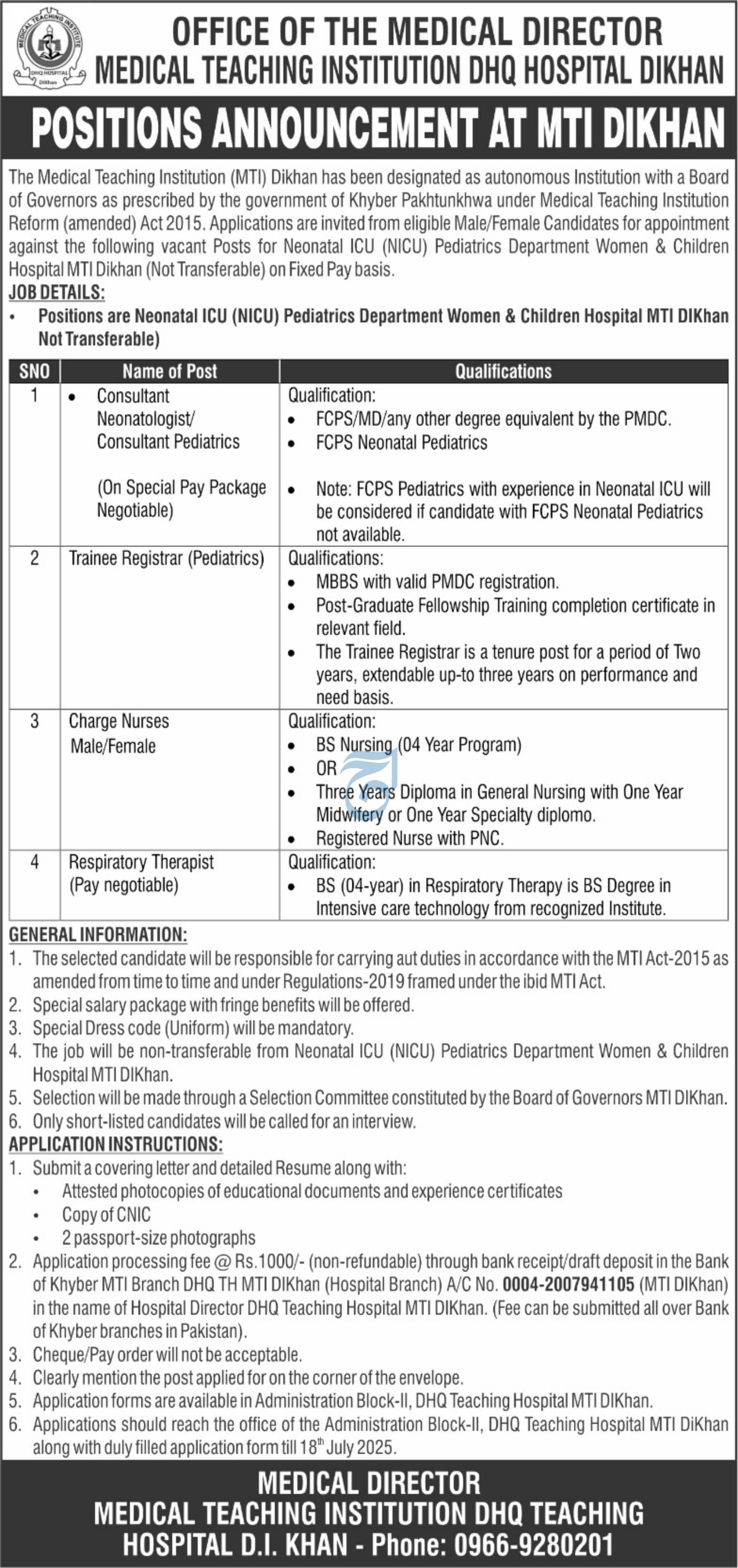 Women & Children Hospital Dera Ismail Khan - Consultant, Trainee & Nurses Vacancies NICU DHQ MTI-DIKhan 07-2025
