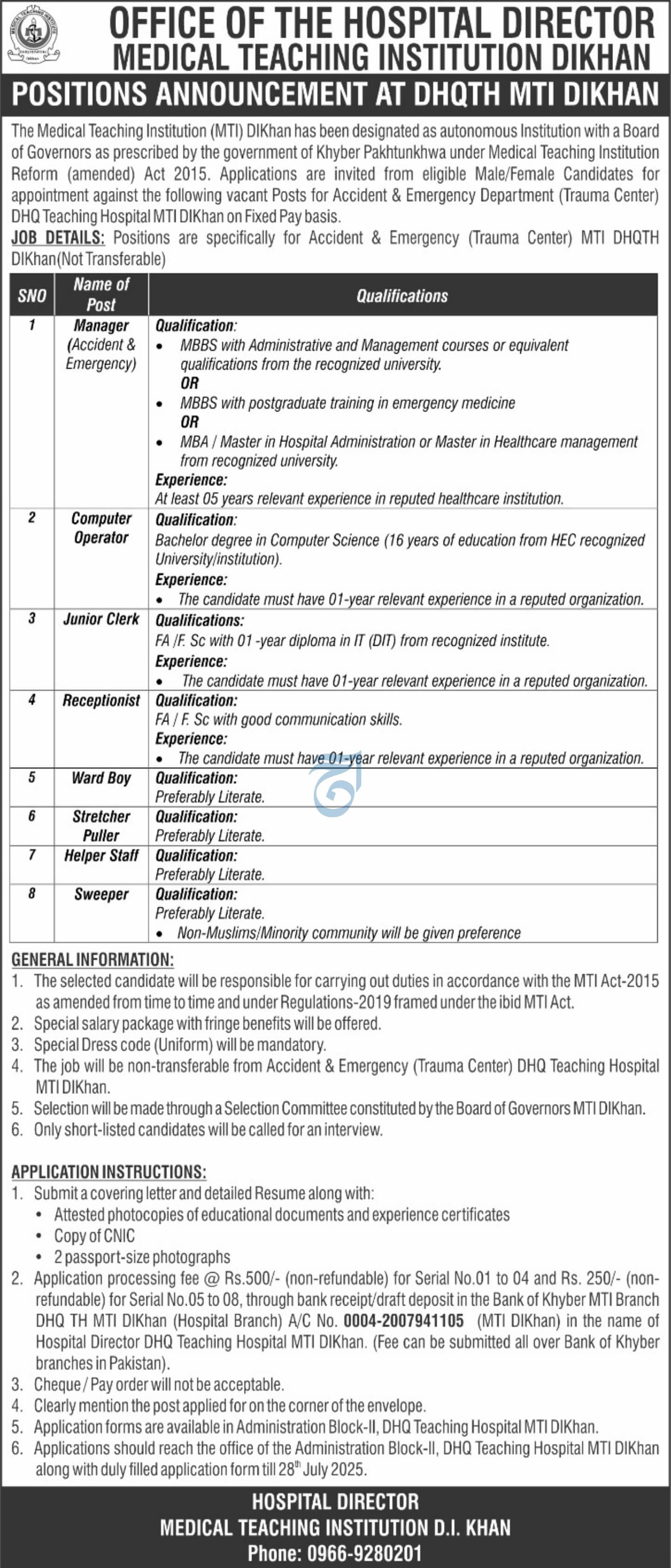 DHQ Teaching Hospital Dera Ismail Khan - Trauma Center DHQ MTI-DIKhan Staff Vacancies 07-2025
