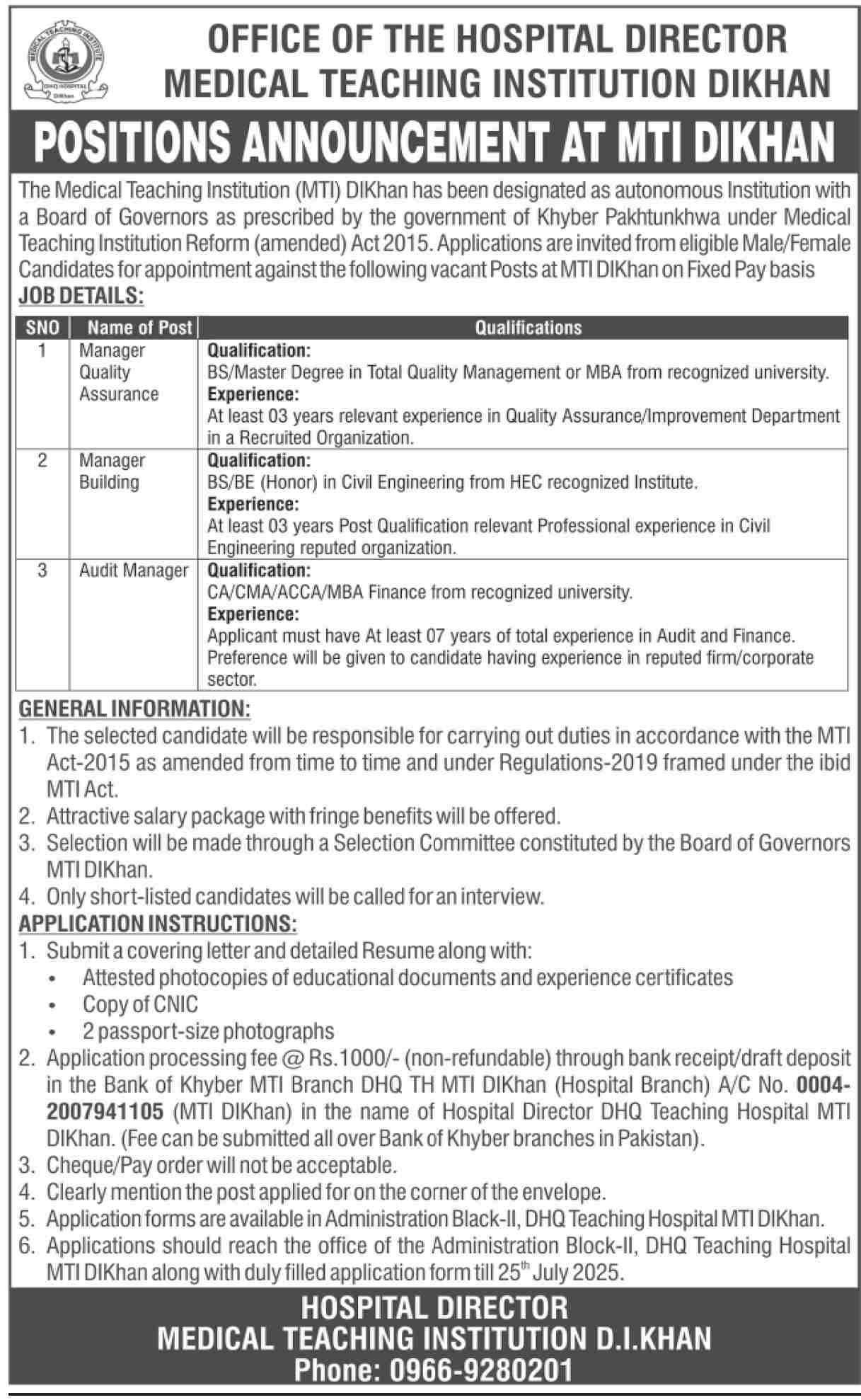 DHQ Teaching Hospital Dera Ismail Khan - Manager positions at DHQ MTI-DIKhan 07-2025