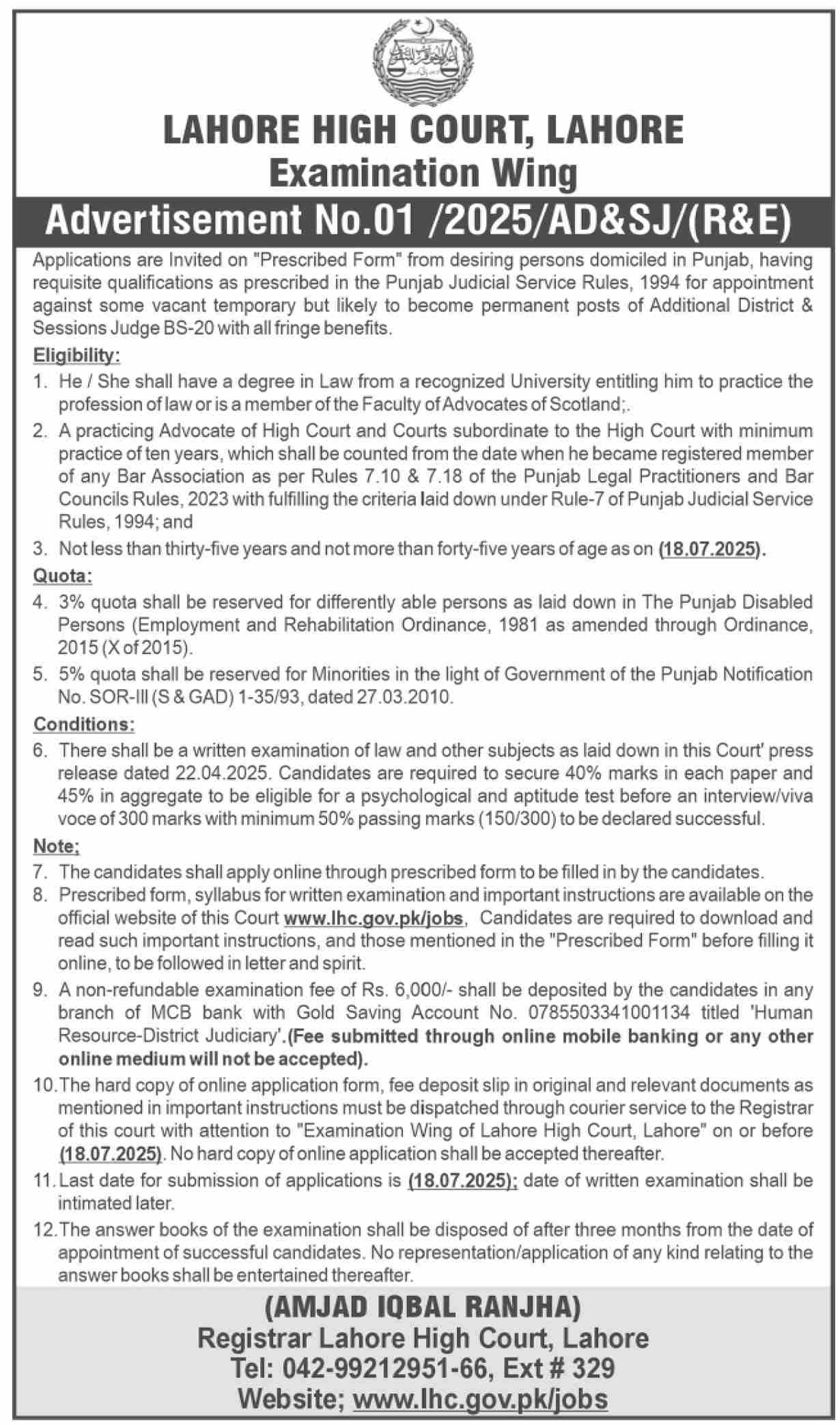 Lahore High Court, Lahore - Additional District & Sessions Judges LHC Advertisement 01/2025/AD&SJ/R&E