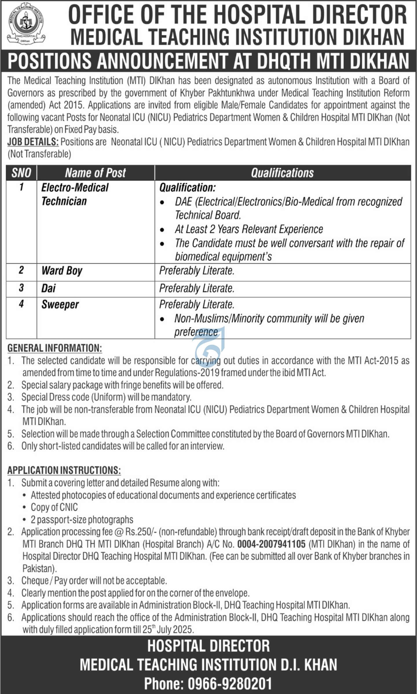 Women & Children Hospital Dera Ismail Khan - Technician & Staff Vacancies NICU DHQ MTI-DIKhan 07-2025
