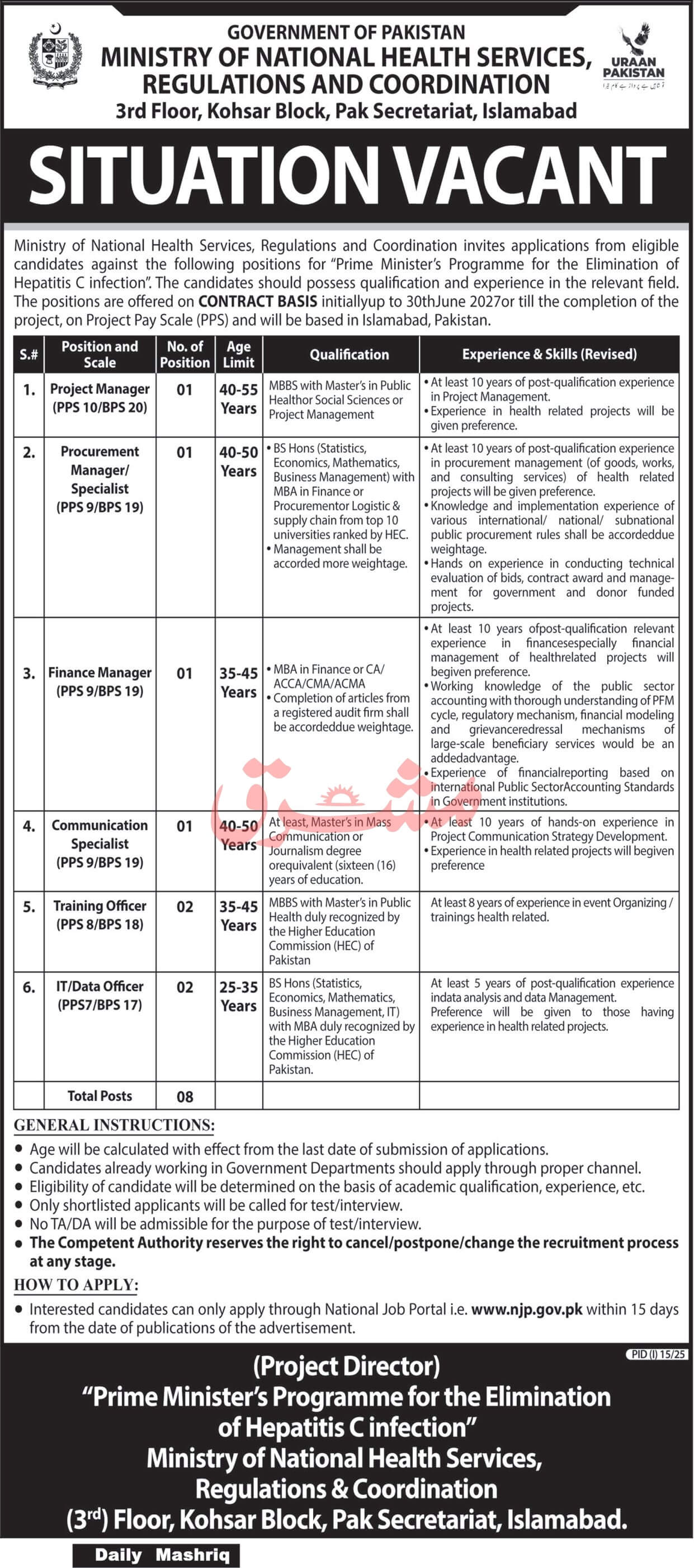M/o National Health Services Regulations & Coordination | Elimination of Hepatitis-C Infection Project Multiple Vacancies 07-2025