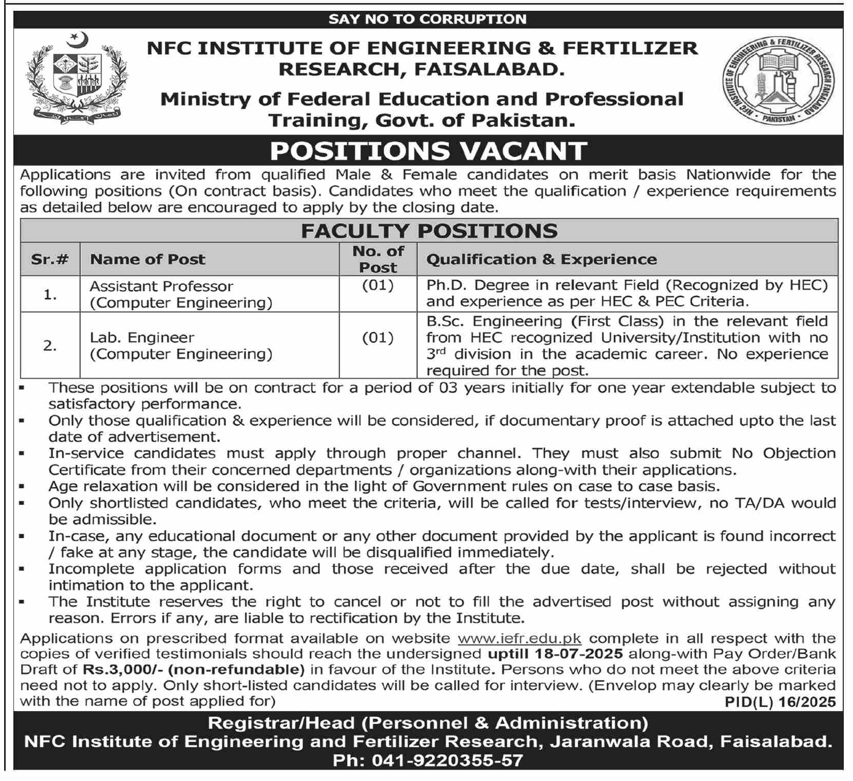 NFC Institute of Engineering & Fertilizer Research - Faculty Jobs at NFC Institute Faisalabad 07-2025