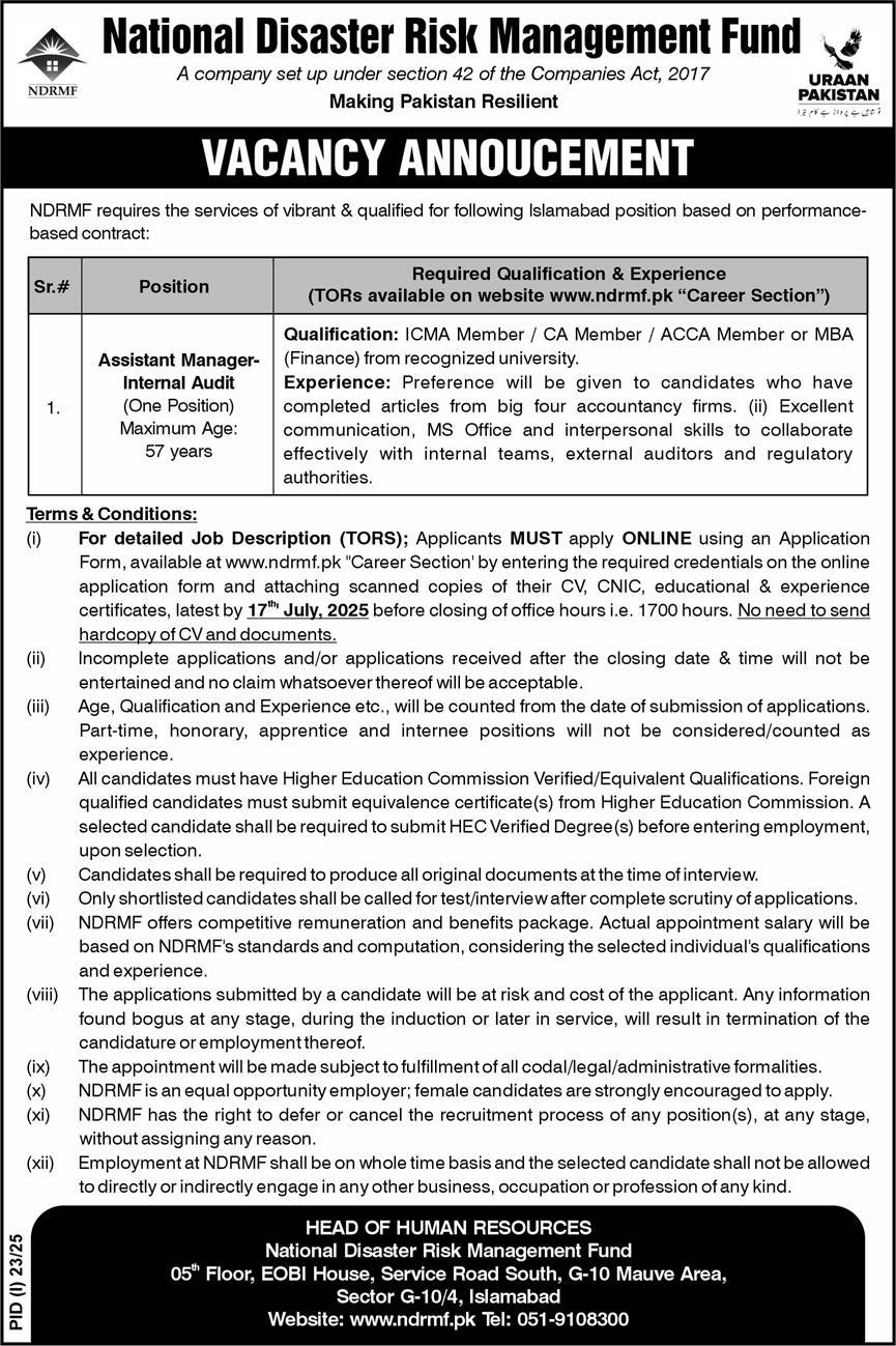 National Disaster Risk Management Fund - Internal Audit Vacancy NDRMF Islamabad 07-2025