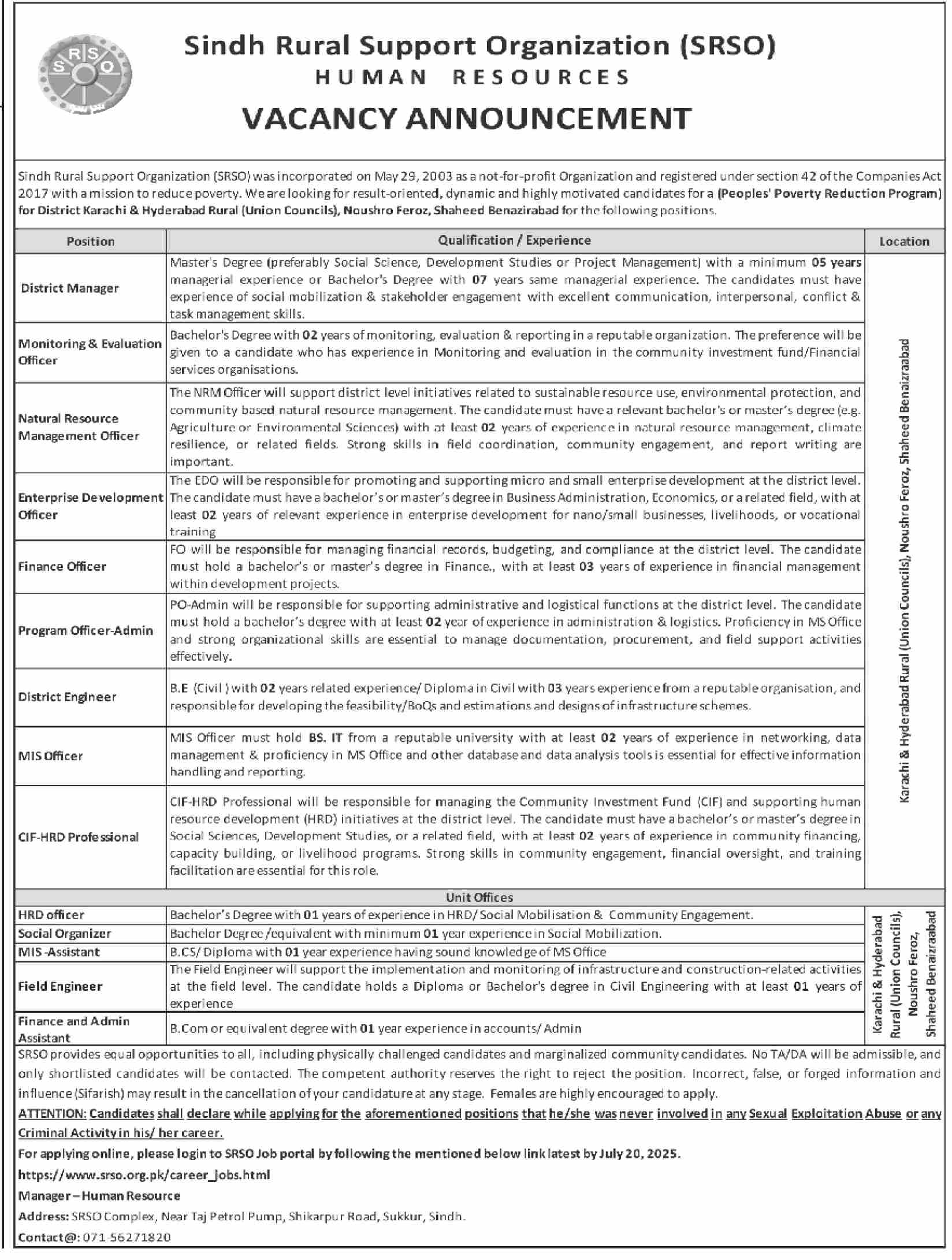 Sindh Rural Support Organization Project - Field Staff & Admin Jobs SRSO 07-2025
