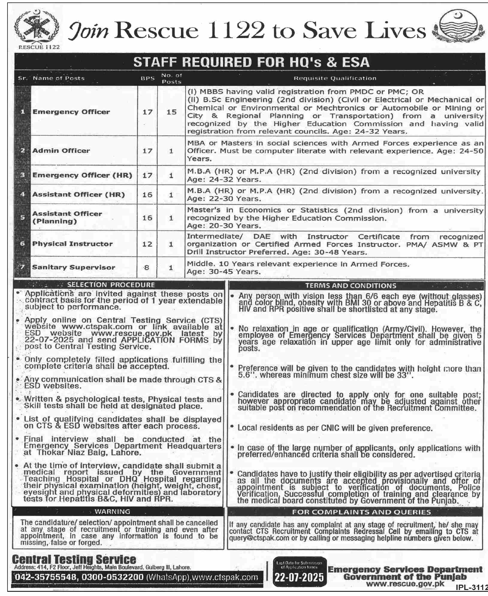 Join Rescue 1122 Punjab Staff Required for HQ & Emergency Services Academy 07-2025