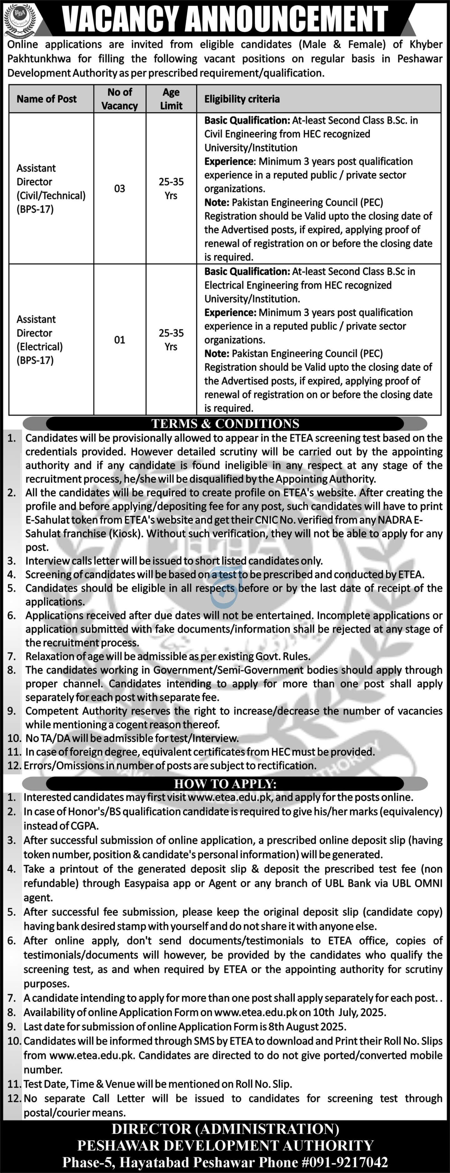 Assistant Director Civil & Electrical Vacancies Peshawar Development Authority PDA 07-2025