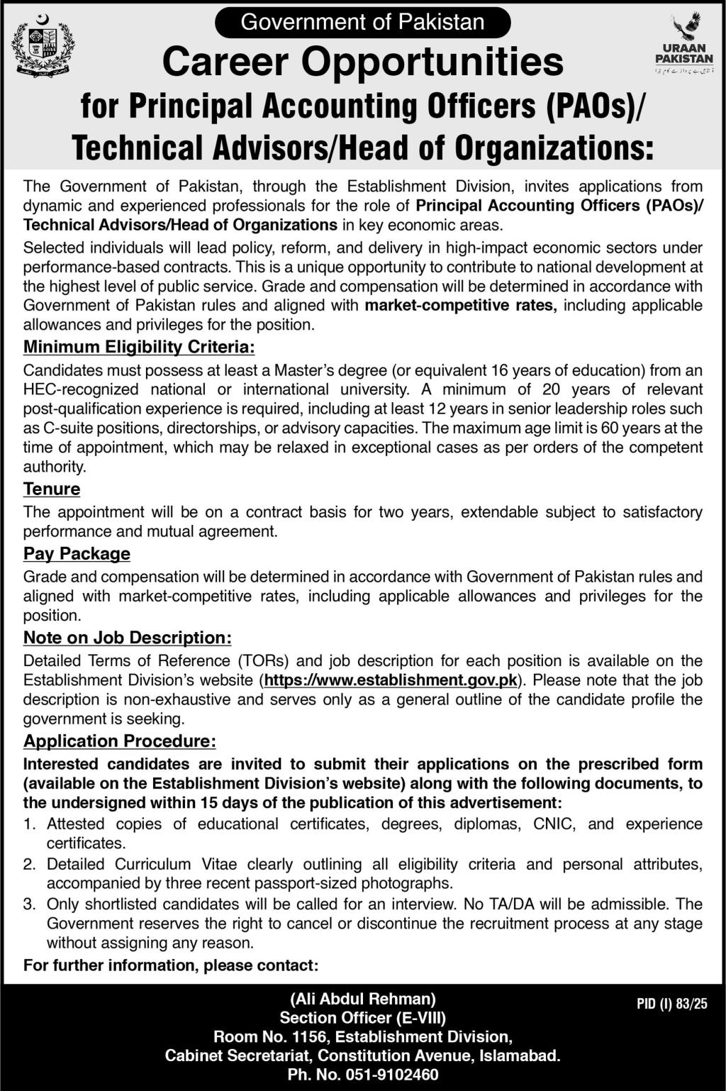 Principal Accounting Officers PAOs, Technical Advisors & Heads of Organizations Jobs Through Establishment Division 07-2025