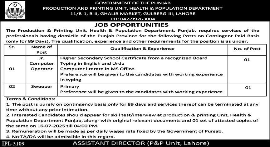 Staff Vacancies Production & Printing Unit, Health & Population Department Punjab 07-2025