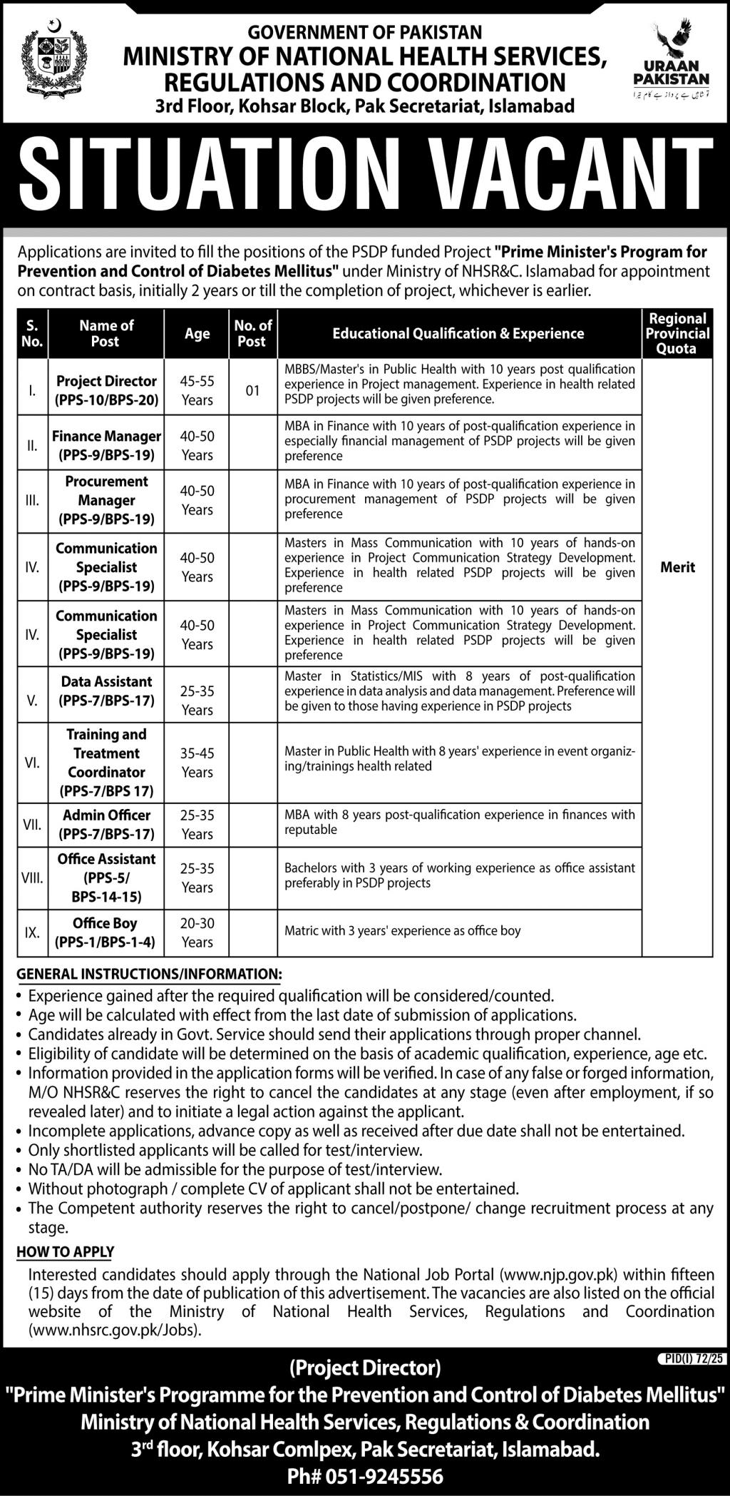 Diabetes Mellitus Control Project Jobs M/O National Health Services Regulations & Coordination 07-2025