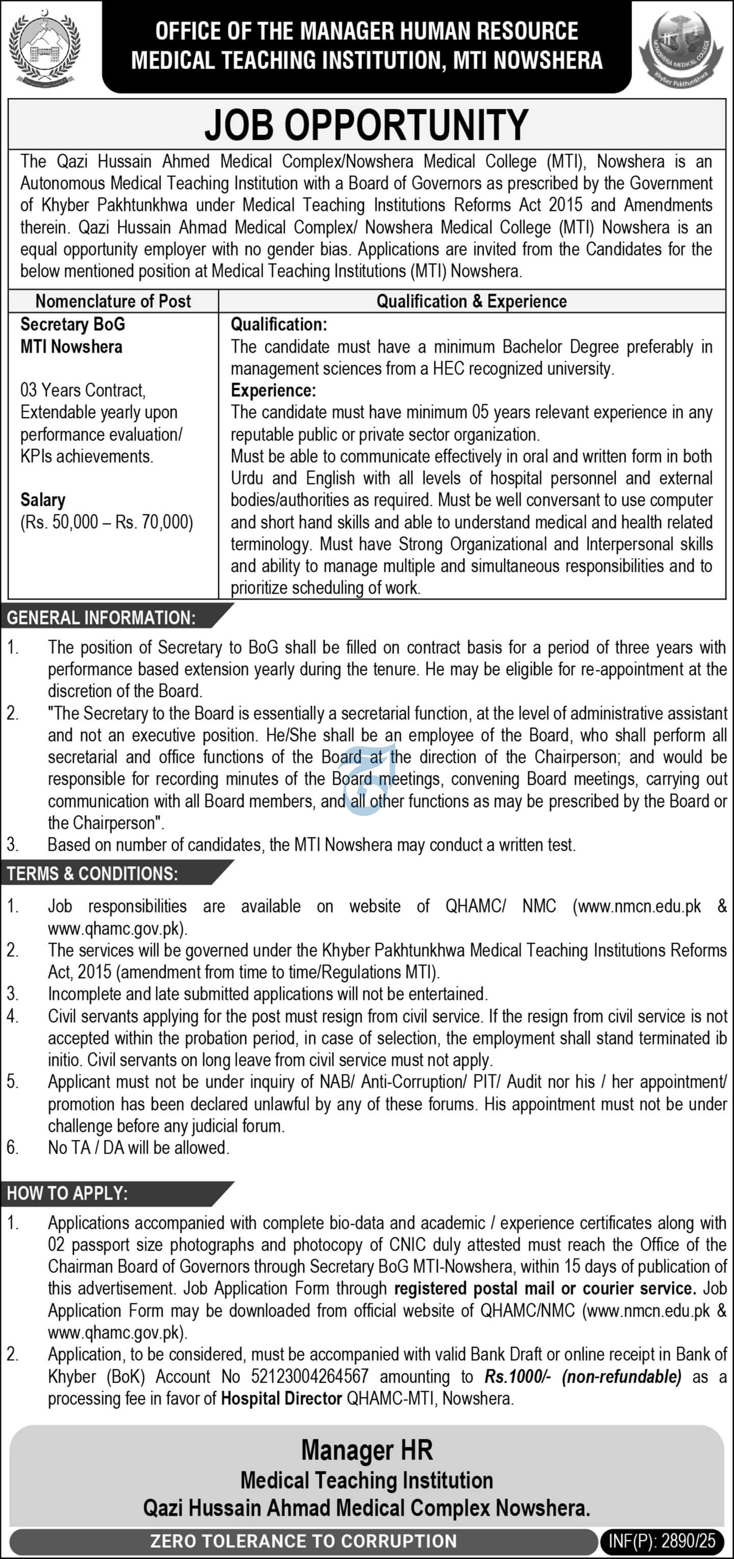Secretary BoG MTI Nowshera Position Qazi Hussain Ahmad Medical Complex & Nowshera Medical College 07-2025