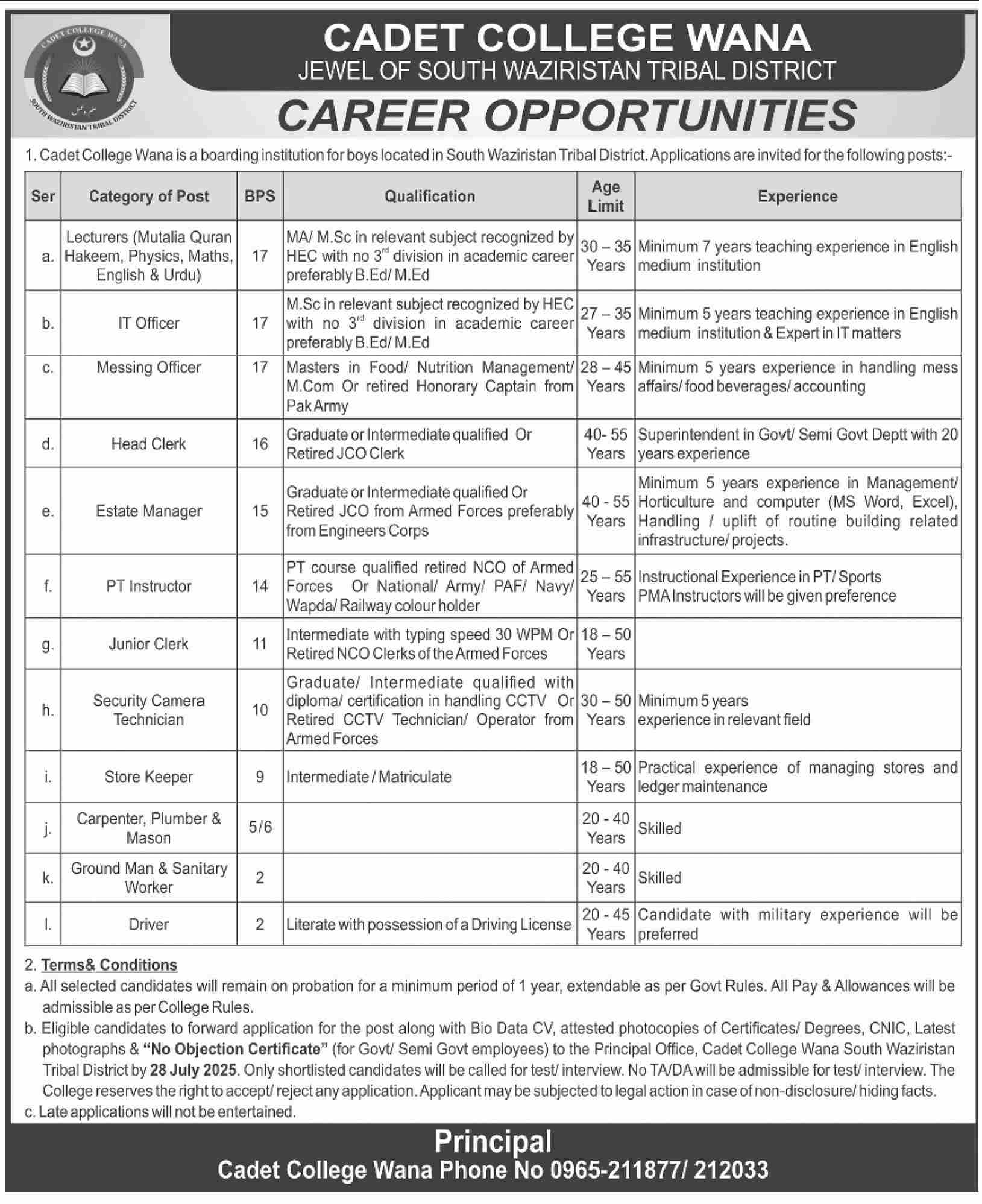 Teaching and Non-Teaching Staff Vacancies Cadet College Wana 07-2025