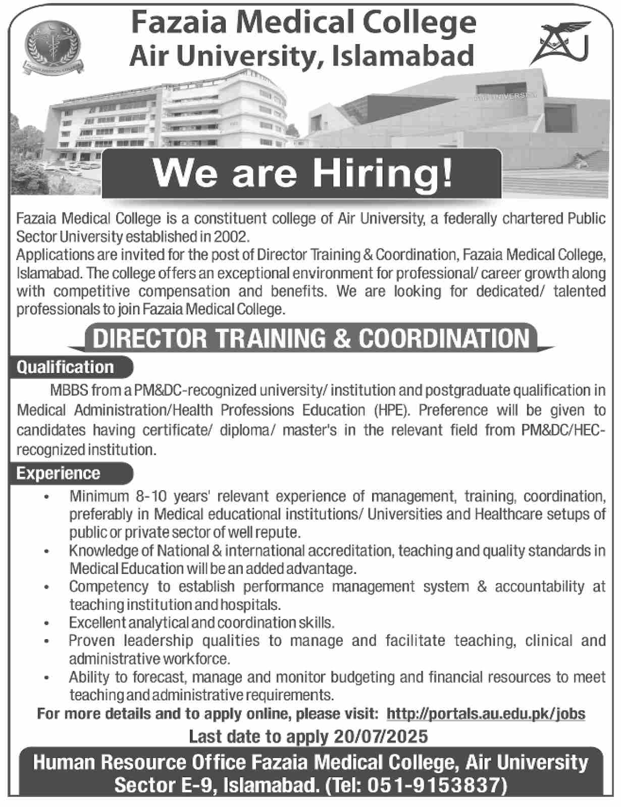 Director Training & Coordination Vacancy Fazaia Medical College Air University Islamabad 07-2025