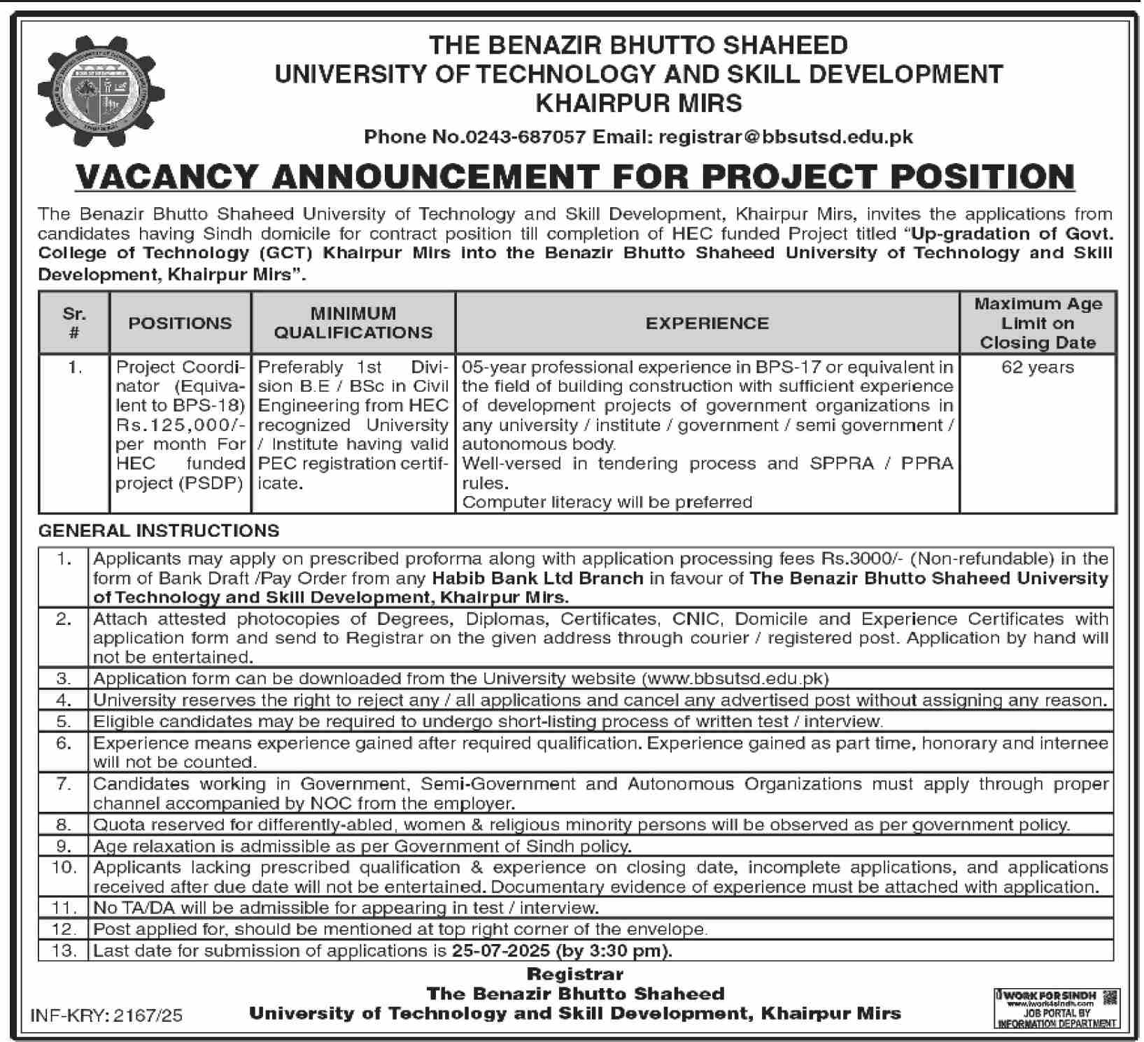 Project Coordinator Vacancy Benazir Bhutto Shaheed University of Technology & Skill Development Khairpur Mirs 07-2025
