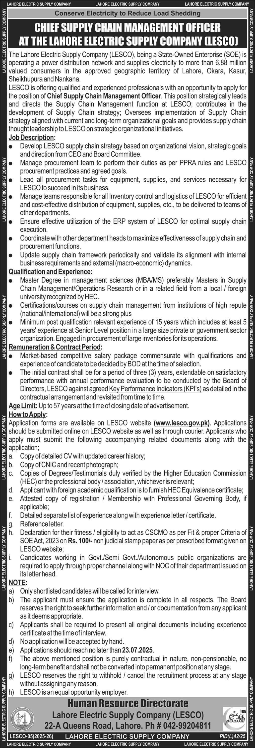 Chief Supply Chain Management Officer Vacancy Lahore Electric Supply Company LESCO 07-2025