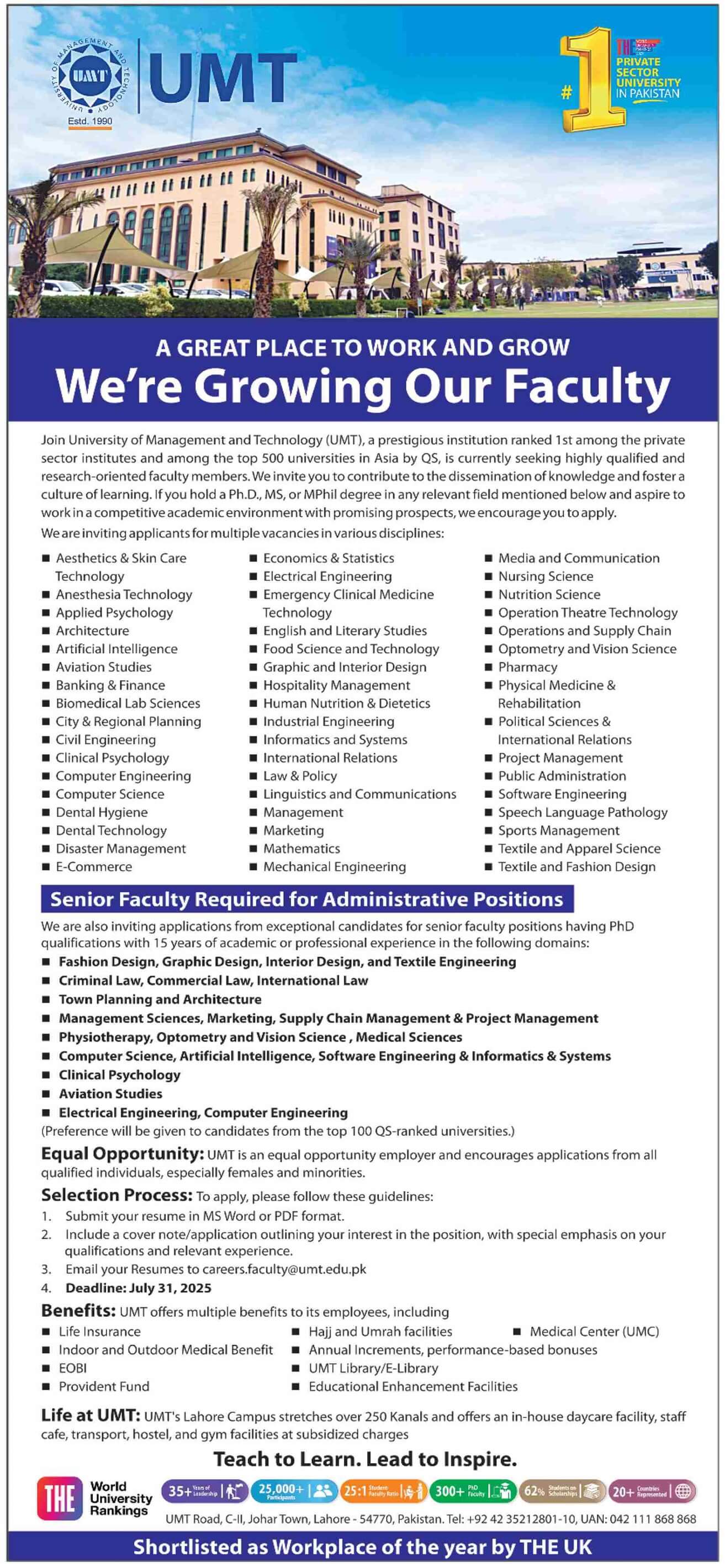 Join UMT as Teaching Faculty & Administrative Positions University of Management & Technology 07-2025