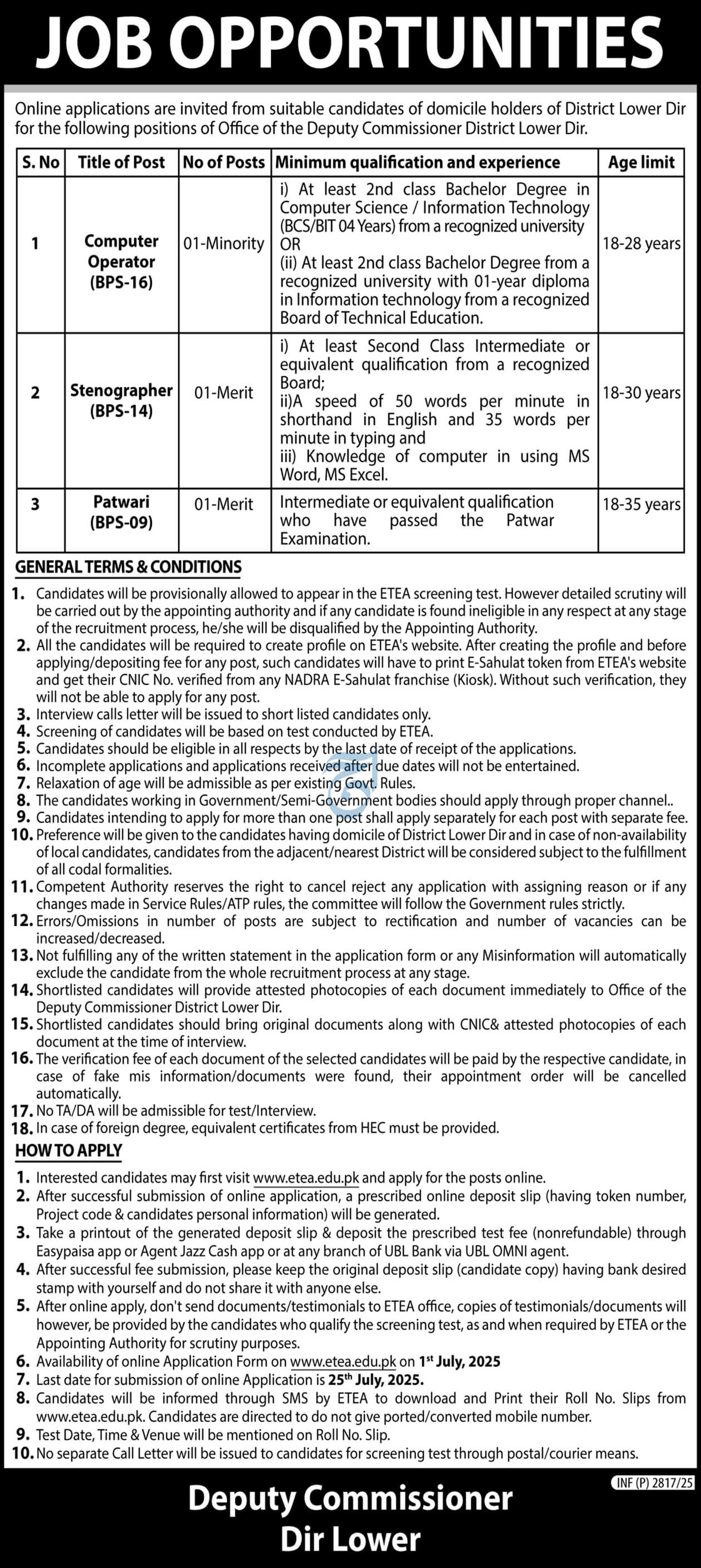 Computer Operator, Stenographer & Patwari Vacancies Deputy Commissioner Office Dir Lower 07-2025