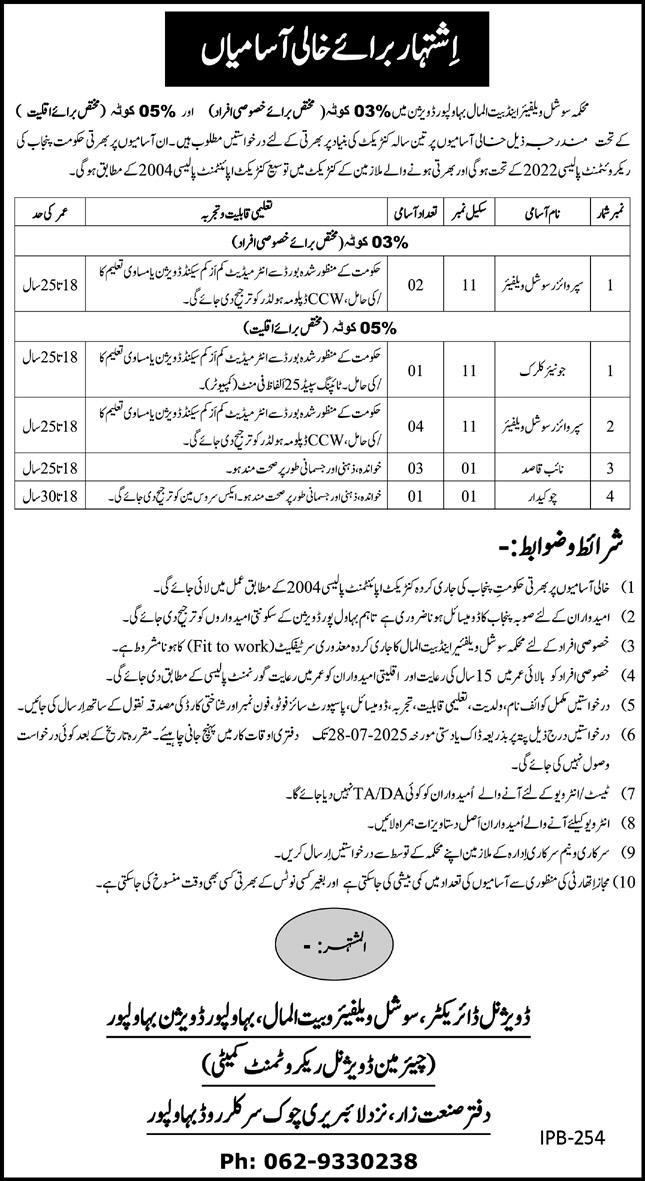 Vacant Positions Social Welfare & Bait-ul-Maal Department, Bahawalpur Division 07-2025
