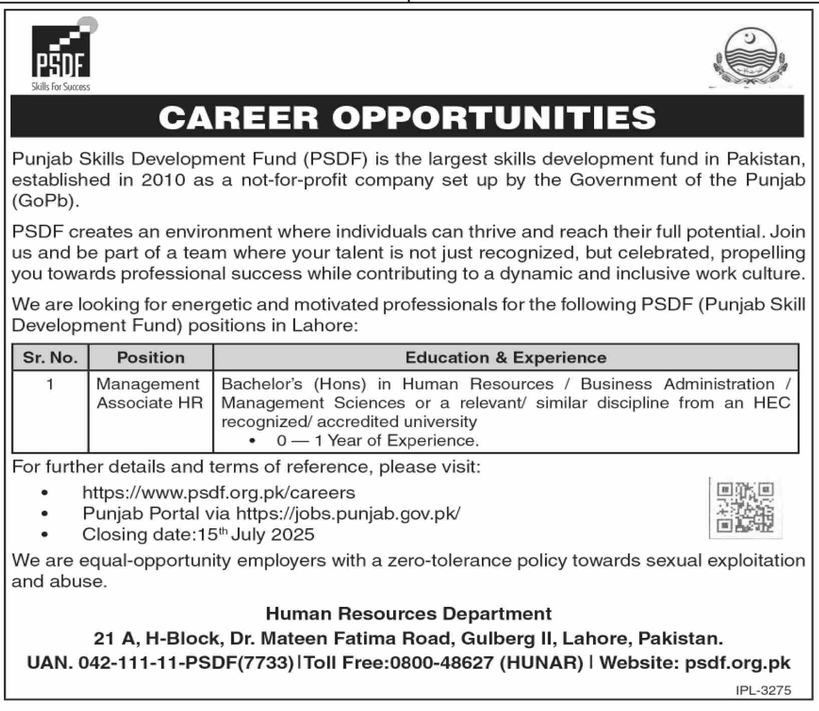 Management Associate HR Vacancy at Punjab Skills Development Fund (PSDF) Lahore 07-2025