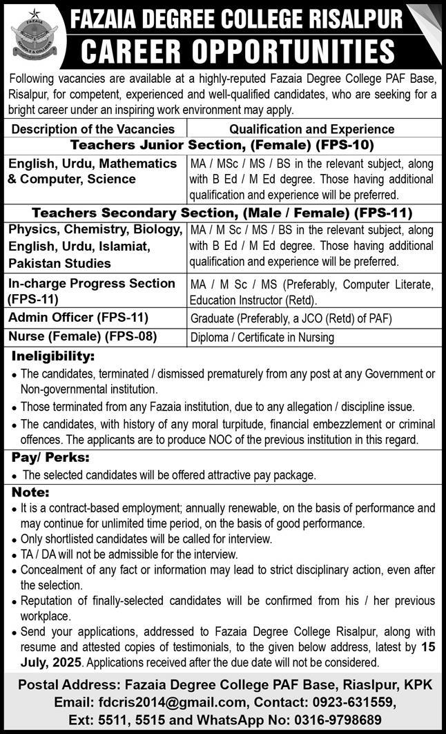 Fazaia Degree College Risalpur Jobs Teachers Vacancies 07/2025