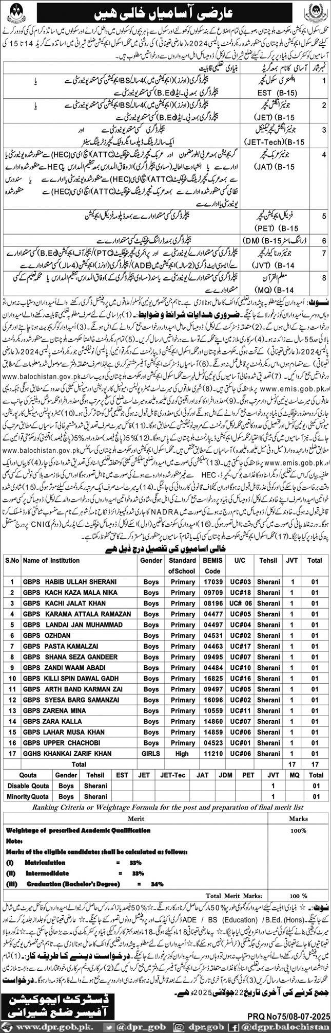 School Education Department Balochistan Teacher Vacancies Sherani District 07/2025