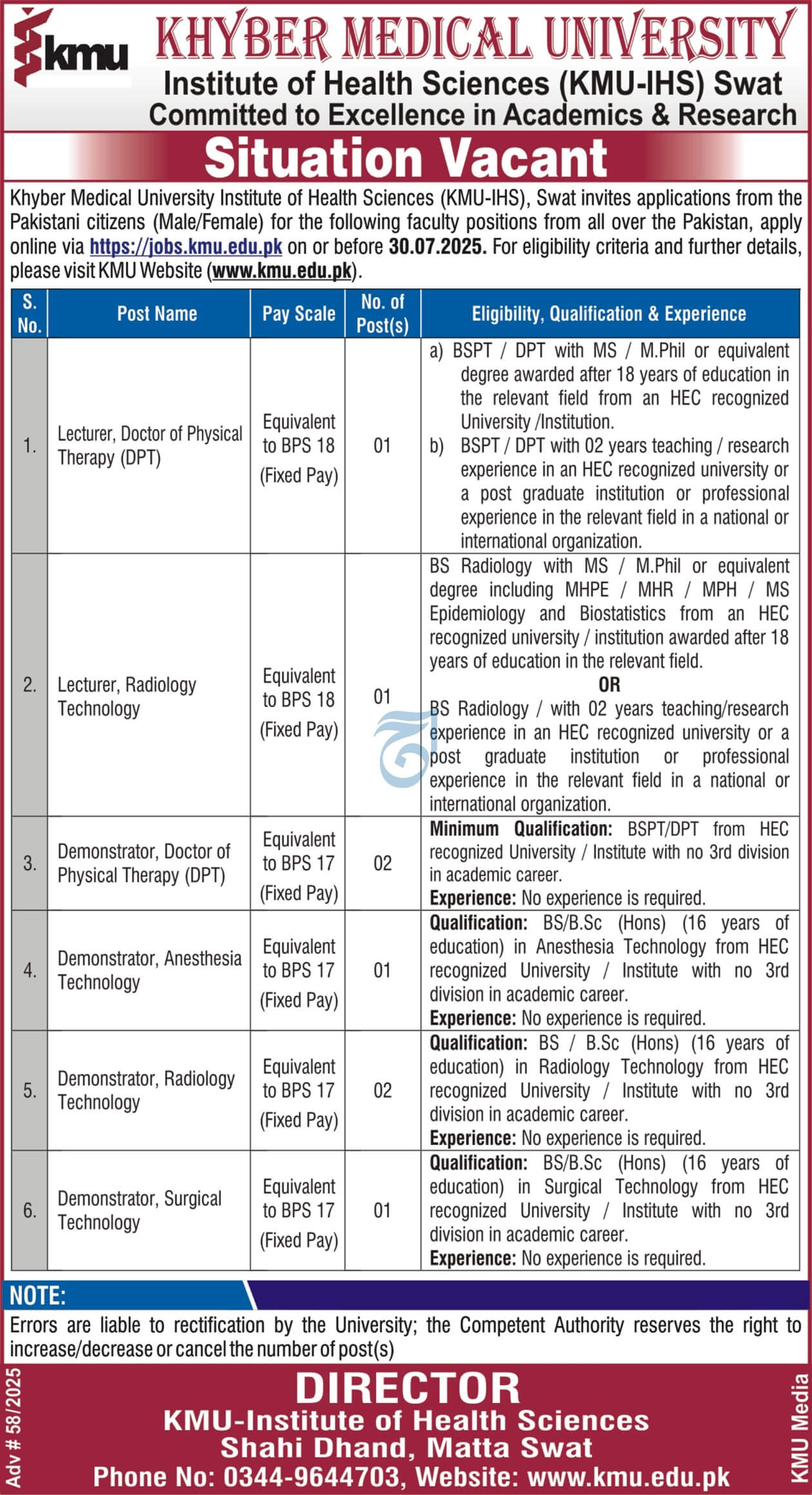 Lecturer & Demonstrator Vacancies KMU Institute of Health Sciences Swat 07/2025