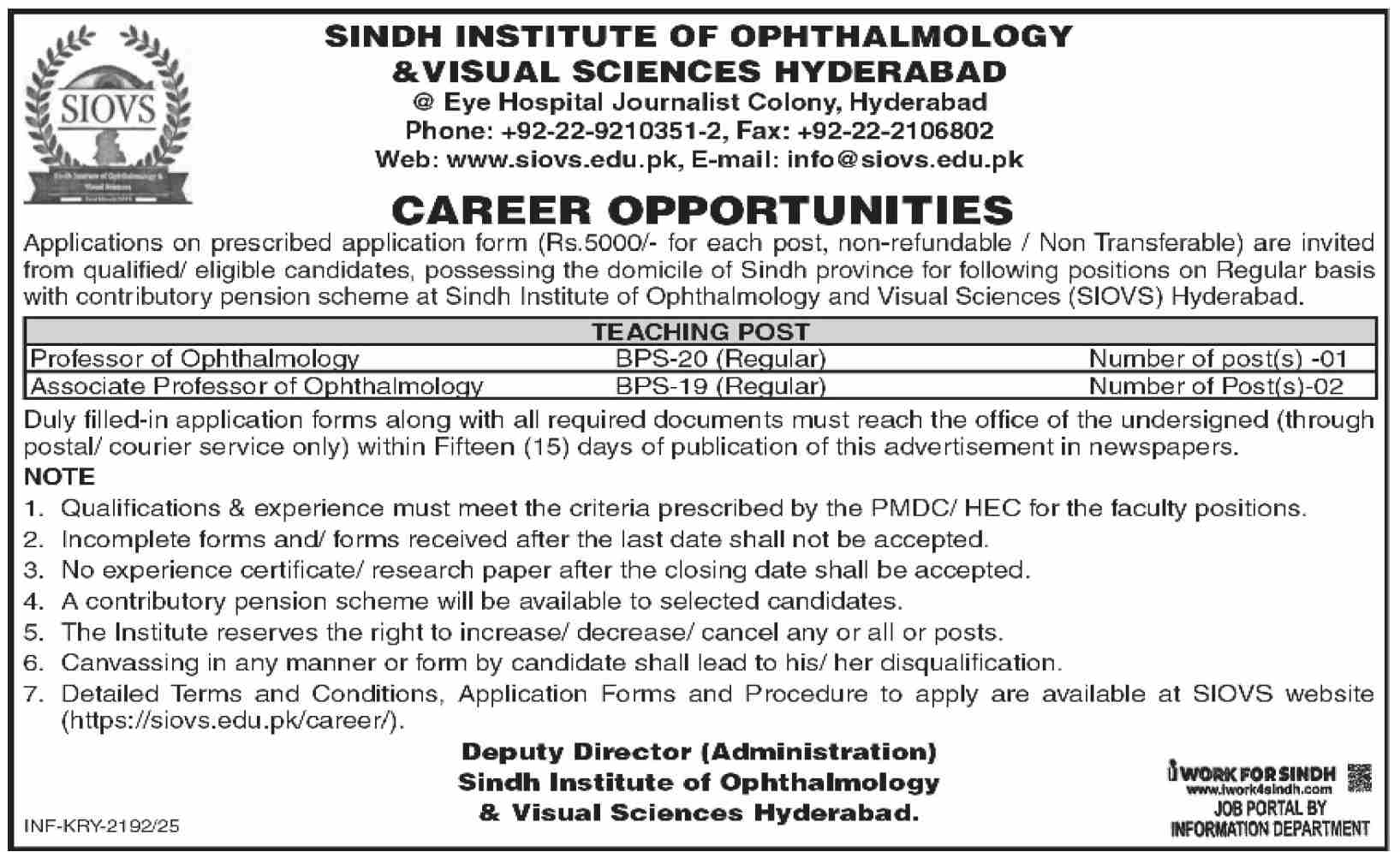 Sindh Institute of Ophthalmology & Visual Sciences - Professor Ophthalmology SIOVS vacancies 07/2025
