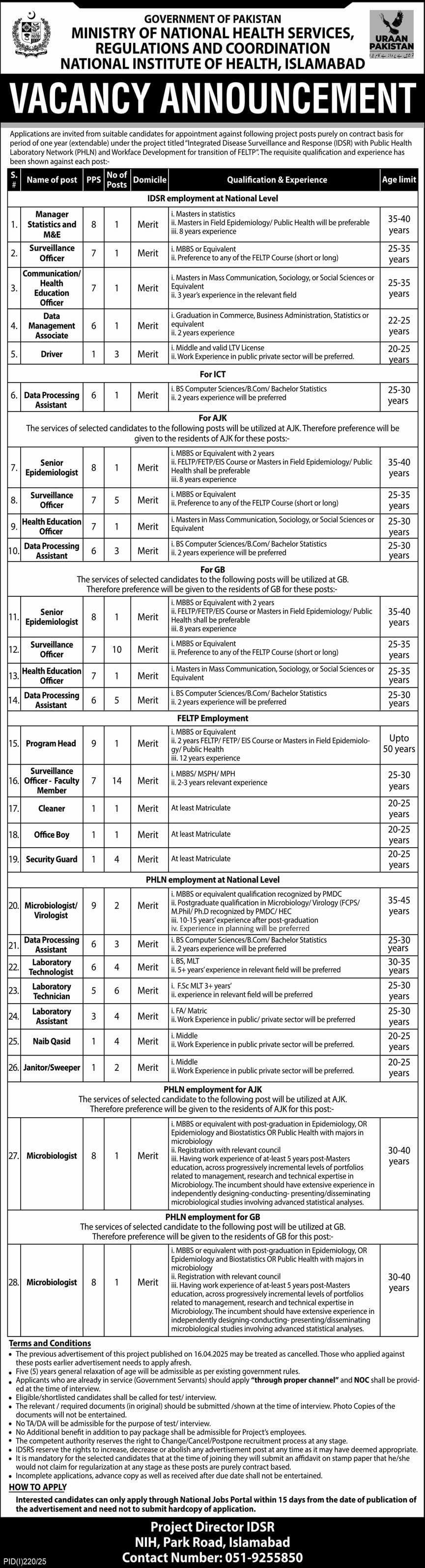 IDSR, FELTP & PHLN Project Jobs M/O National Health Services Regulations & Coordination 07/2025