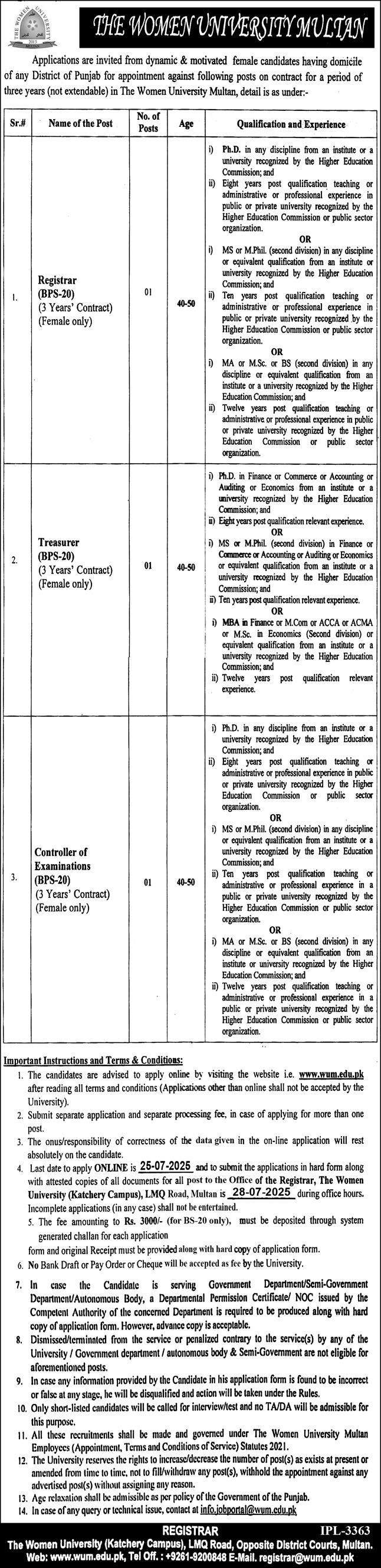 Treasurer, Registrar & Controller jobs Women University, Multan 07/2025