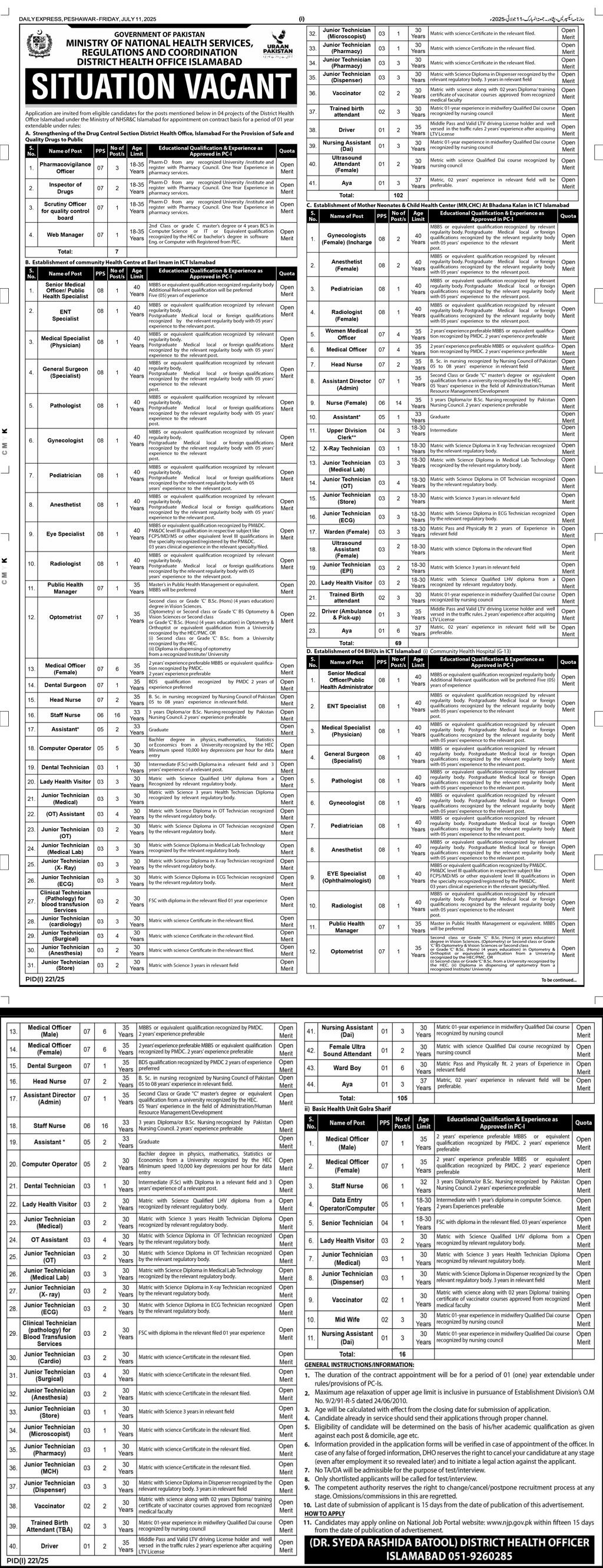 Drug Control & BHUs Project Jobs District Health Office, Islamabad 07/2025