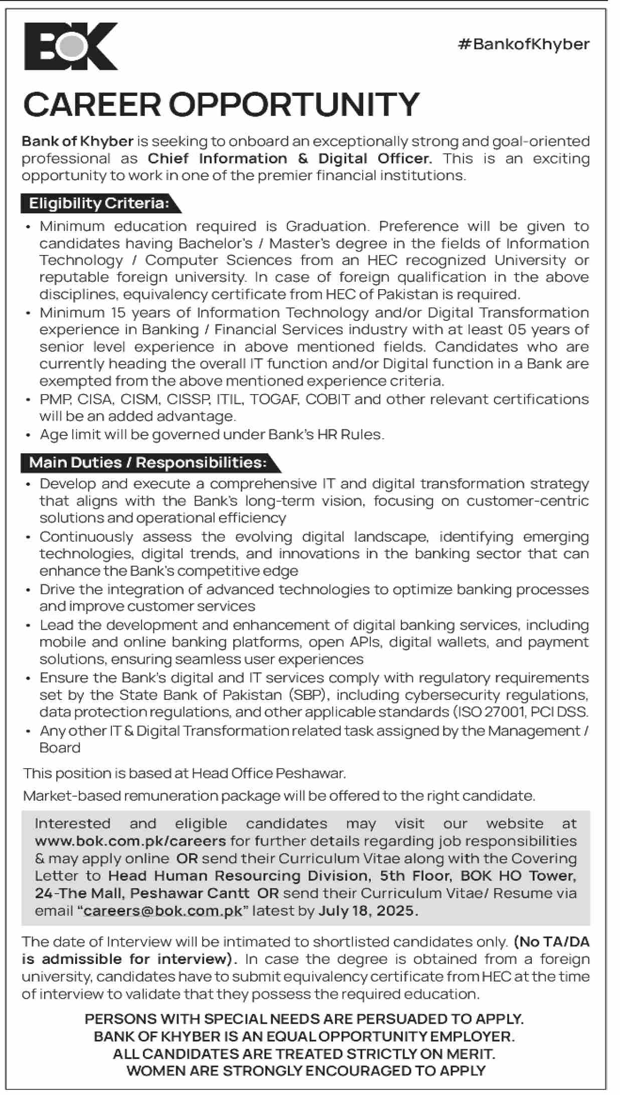 Bank of Khyber careers - Chief Information & Digital Officer BOK Vacancy 07/2025
