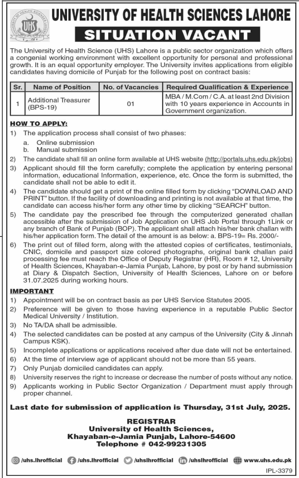 Addl Treasurer jobs University of Health Sciences (UHS) Lahore 07/2025