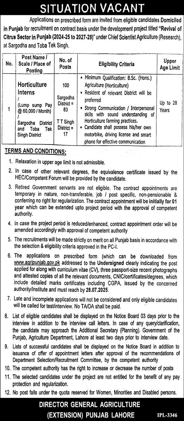 Horticulture Internship – Revival of Citrus Sector Project under Chief Scientist Research, Sargodha & Toba Tek Singh 07/2025