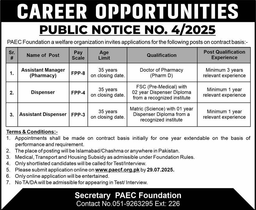PAEC Foundation Pharmacy & Dispenser Jobs  – Pakistan Atomic Energy Commission Vacancies Notice 4/2025