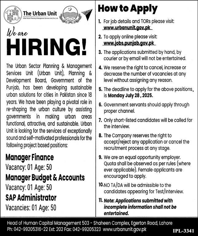 Manager & SAP Administrator jobs at Urban Unit Punjab 07/2025