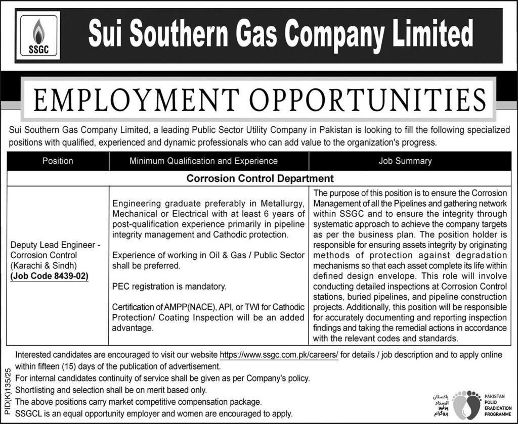 Deputy Lead Engineer Corrosion Control Jobs at Sui Southern Gas Company SSGC Karachi 07/2025