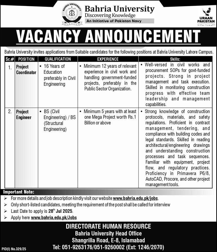 Project Coordinator & Project Engineer Jobs at Bahria University Lahore Campus 07/2025