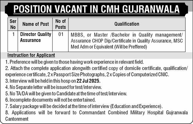 Director Quality Assurance Job at CMH Gujranwala 07/2025