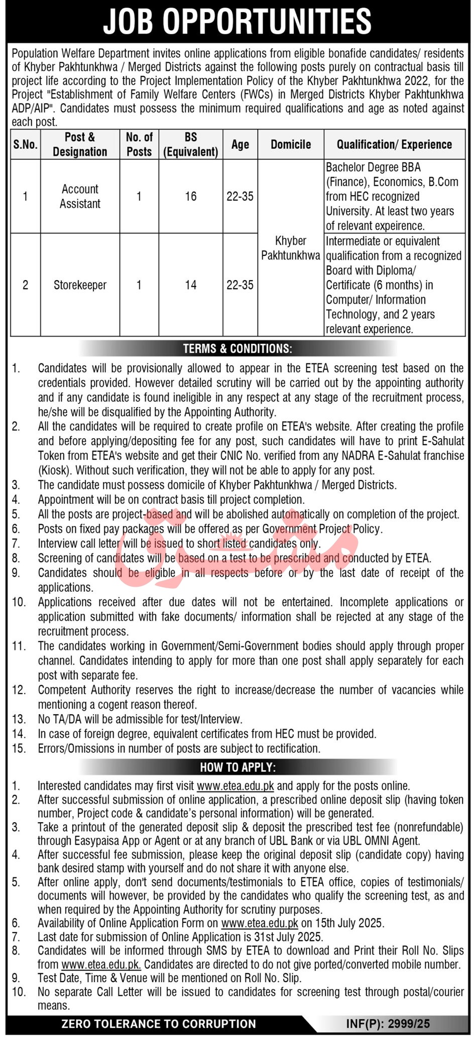 Account Assistant & Storekeeper Jobs at Family Welfare Centers FWCs, Merged Districts Population Welfare Department 07/2025