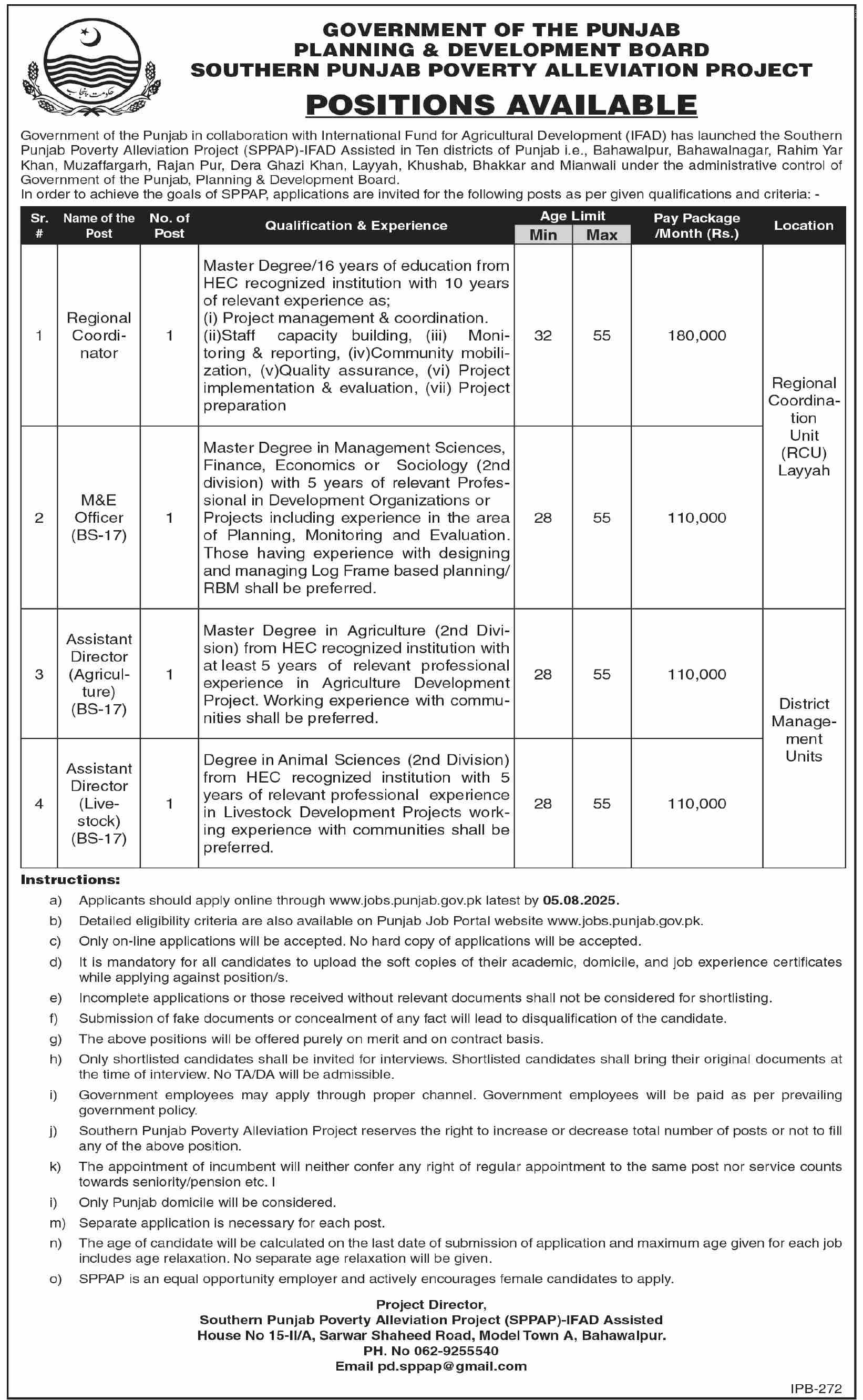 Southern Punjab Poverty Alleviation Project (SPPAP) Jobs – Regional Coordinator, M\&E Officer, Assistant Directors (Agriculture & Livestock) Vacancies 07/2025