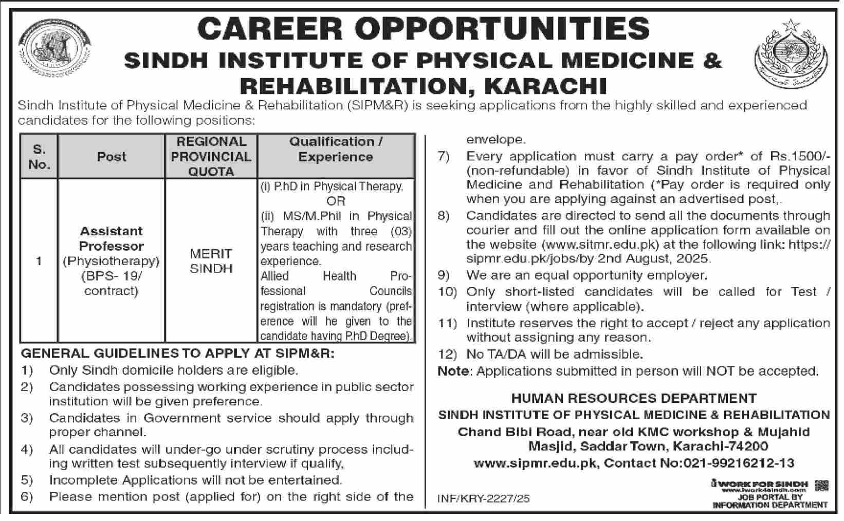 Sindh Institute of Physical Medicine & Rehabilitation (SIPM&R), Karachi – Assistant Professor Physiotherapy Jobs 07/2025