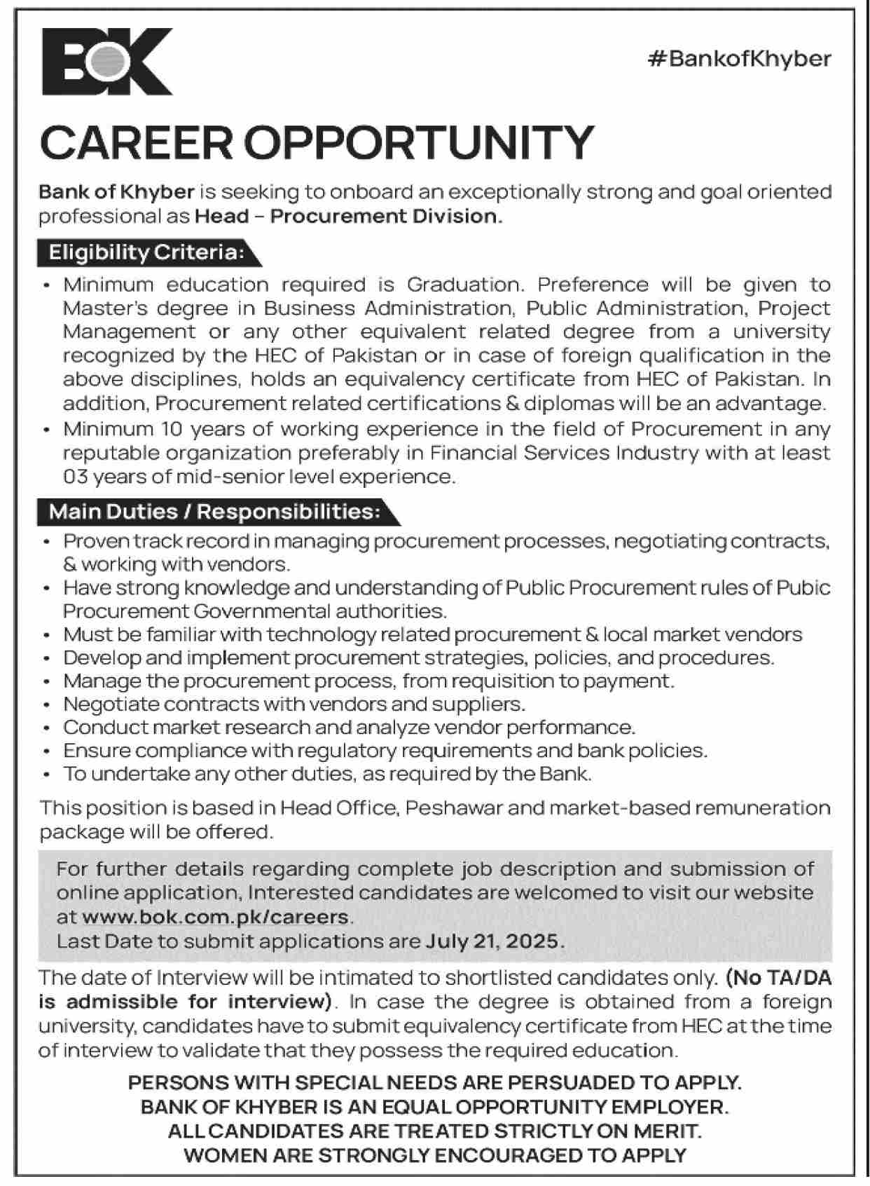 Bank of Khyber Careers – Head Procurement Division Vacancy 07/2025