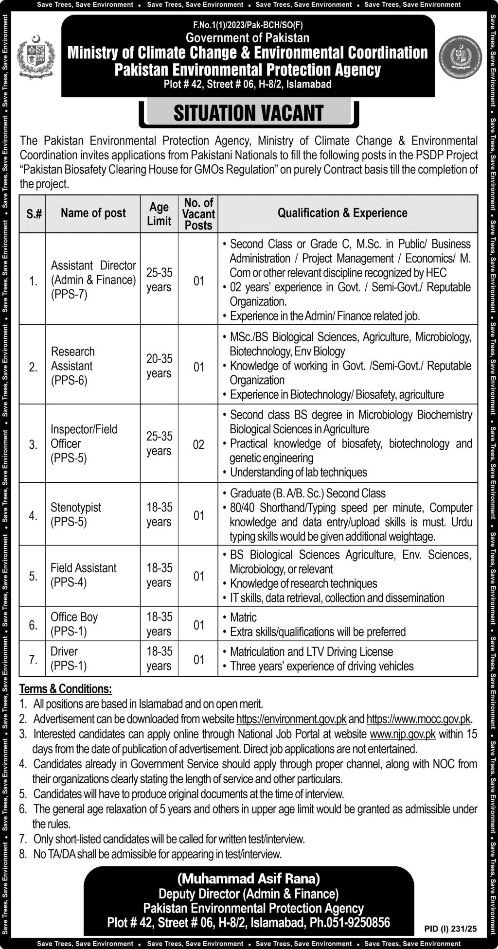 Biosafety Project Jobs at Pakistan Environmental Protection Agency 07/2025