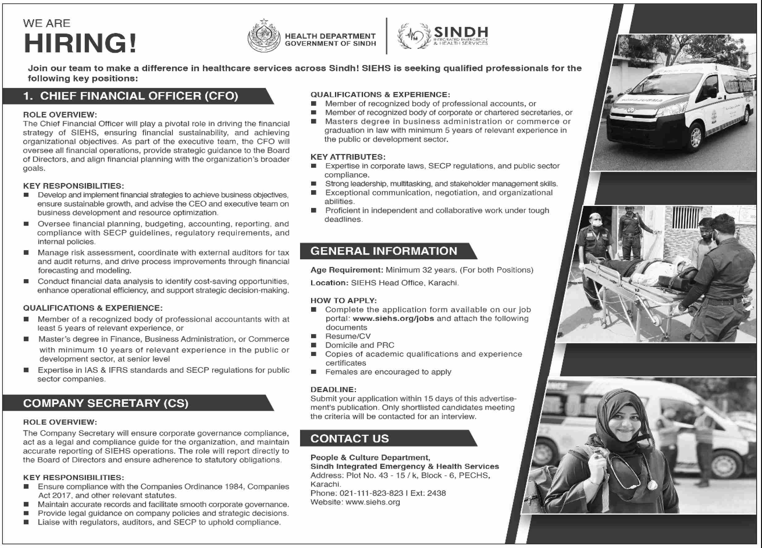Career Opportunities at SIEHS – CFO & Company Secretary Positions Health Department Sindh 07/2025