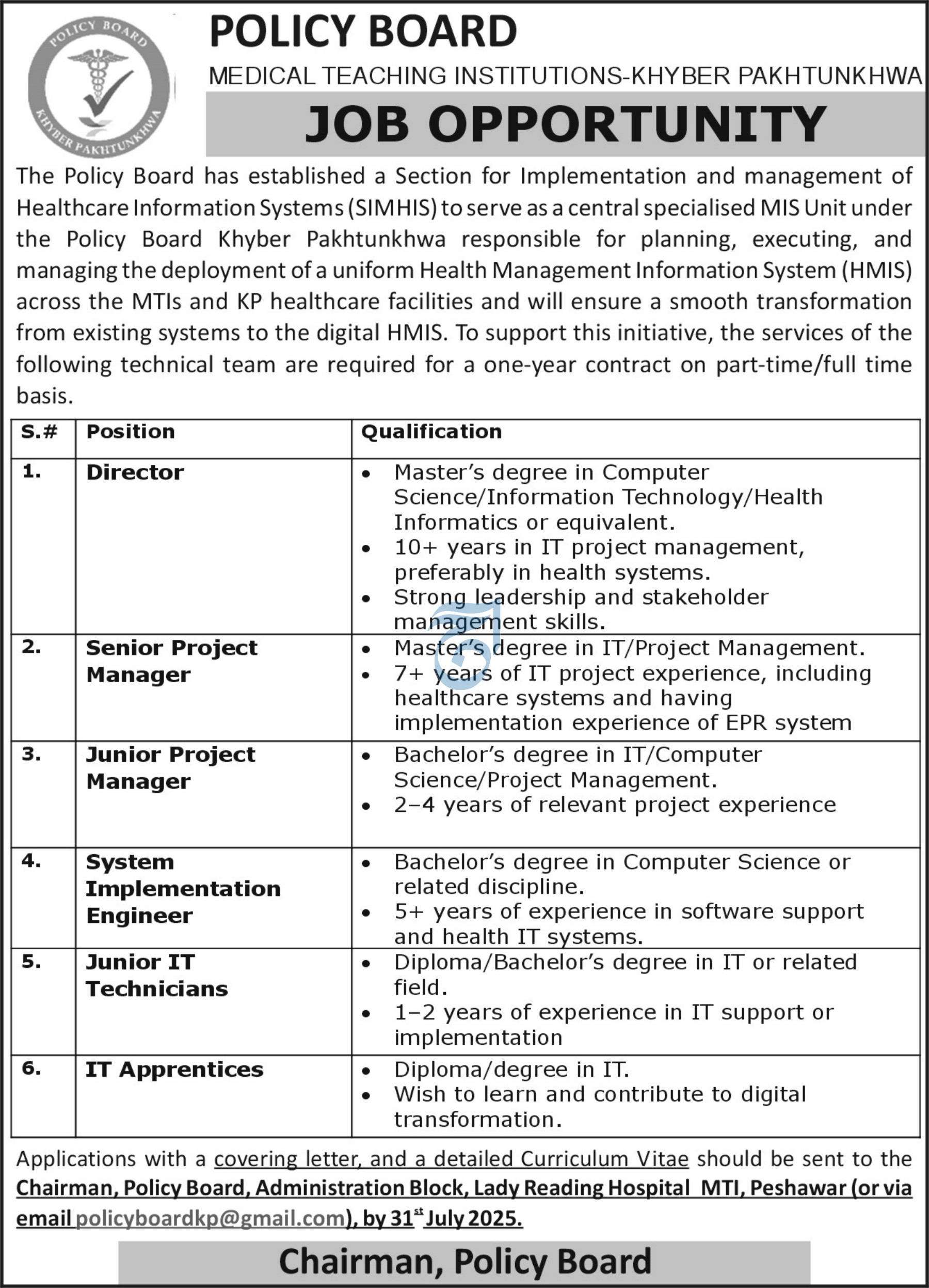 Director, Project Managers & IT Staff Jobs – Policy Board MTI KP, MIS Unit vacancies 07/2025