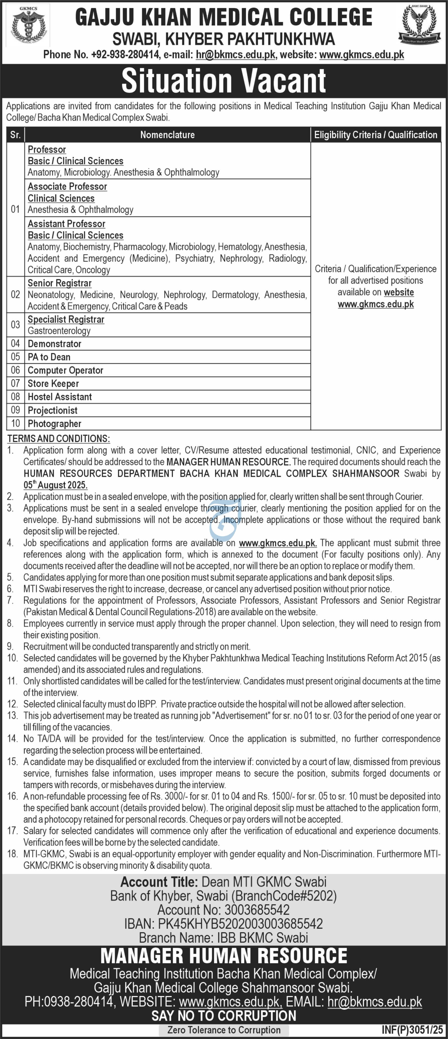 Medical Teaching Faculty & Admin Job Vacancies – Gajju Khan Medical College, GKMC MTI Swabi 07/2025