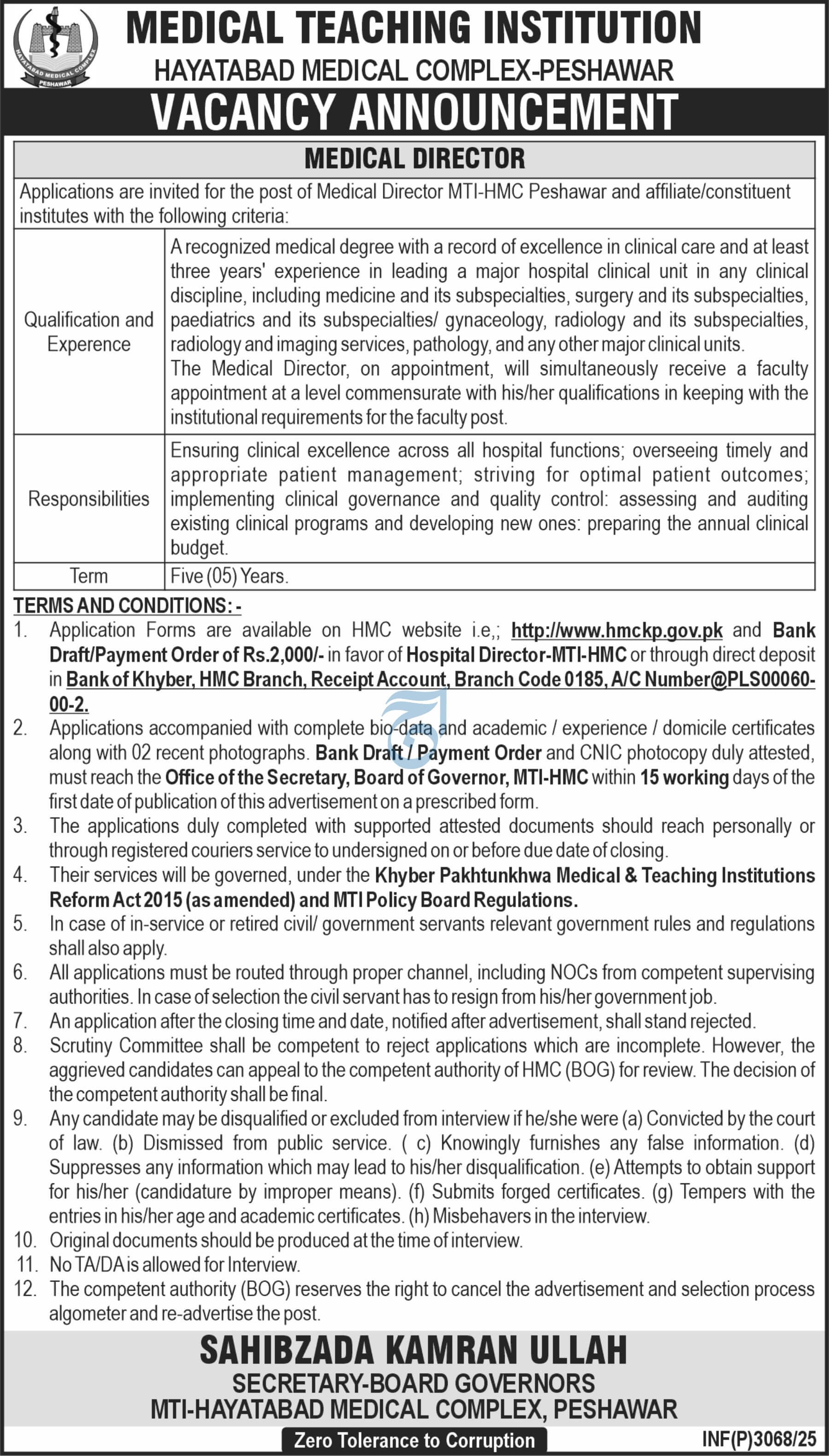 Hayatabad Medical Complex - Medical Director Job Vacancy MTI-HMC Peshawar 07/2025
