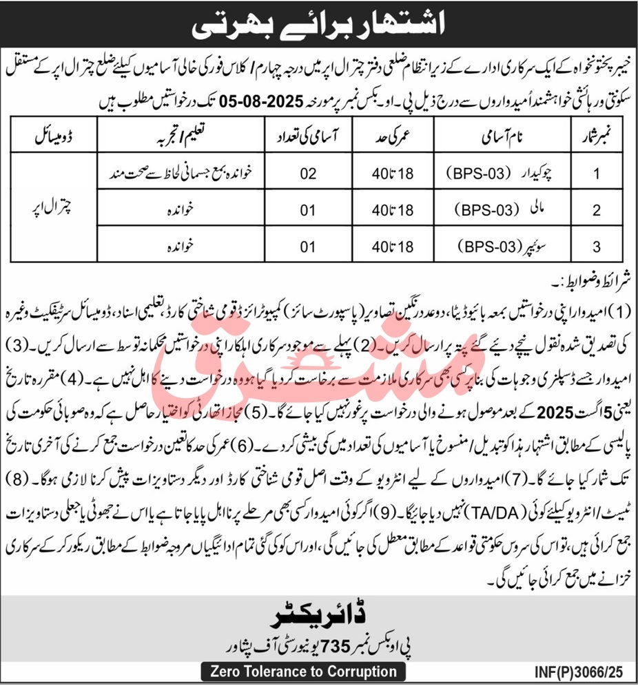 Class-IV Job Vacancies Govt Department Chitral Upper via PO Box 735 07/2025
