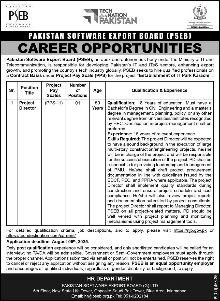 Project Director Job Vacancy – Pakistan Software Export Board (PSEB), IT Park Karachi 07/2025